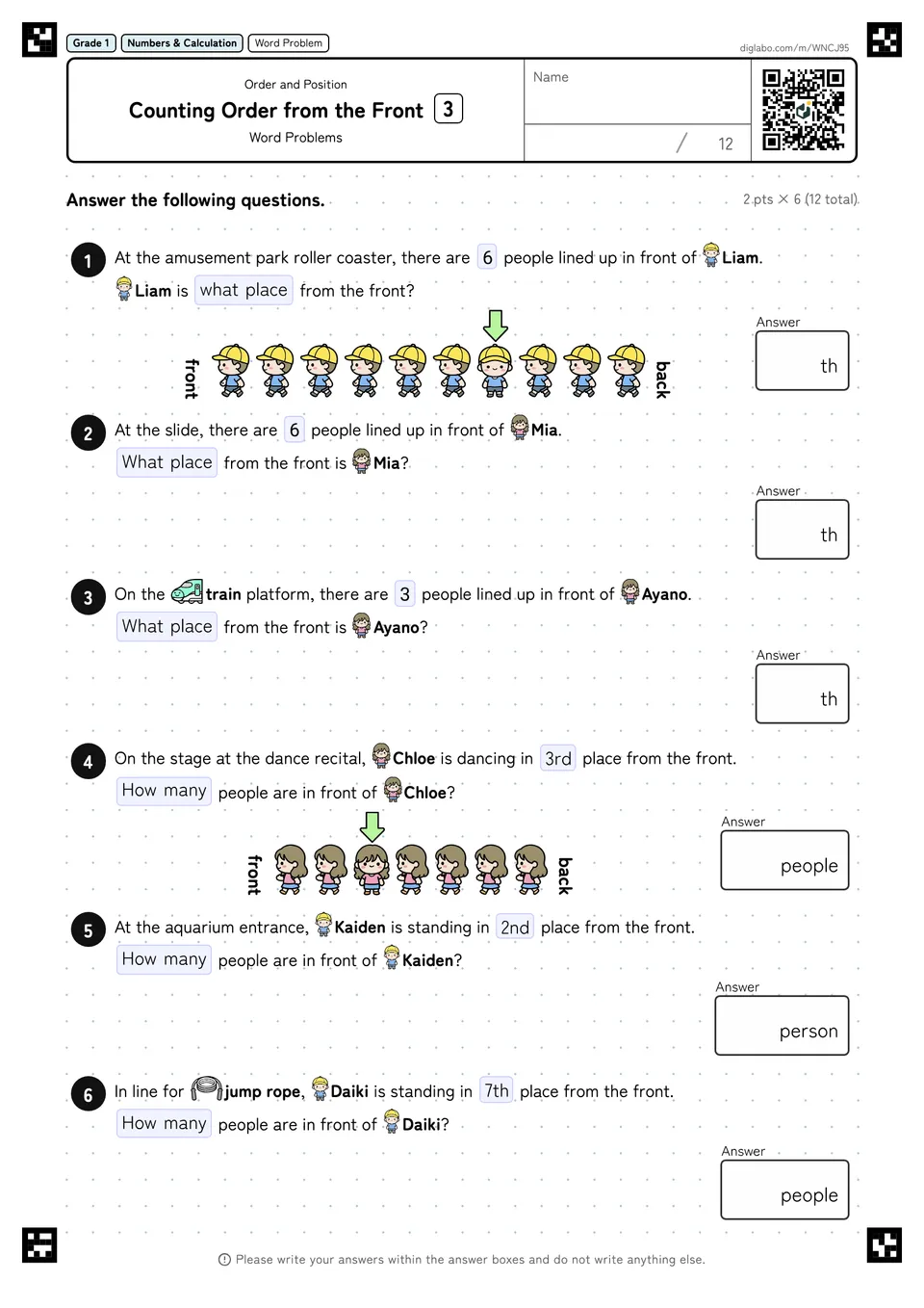 Grade 1 (Elementary School) Order and Position Counting Order from the Front
