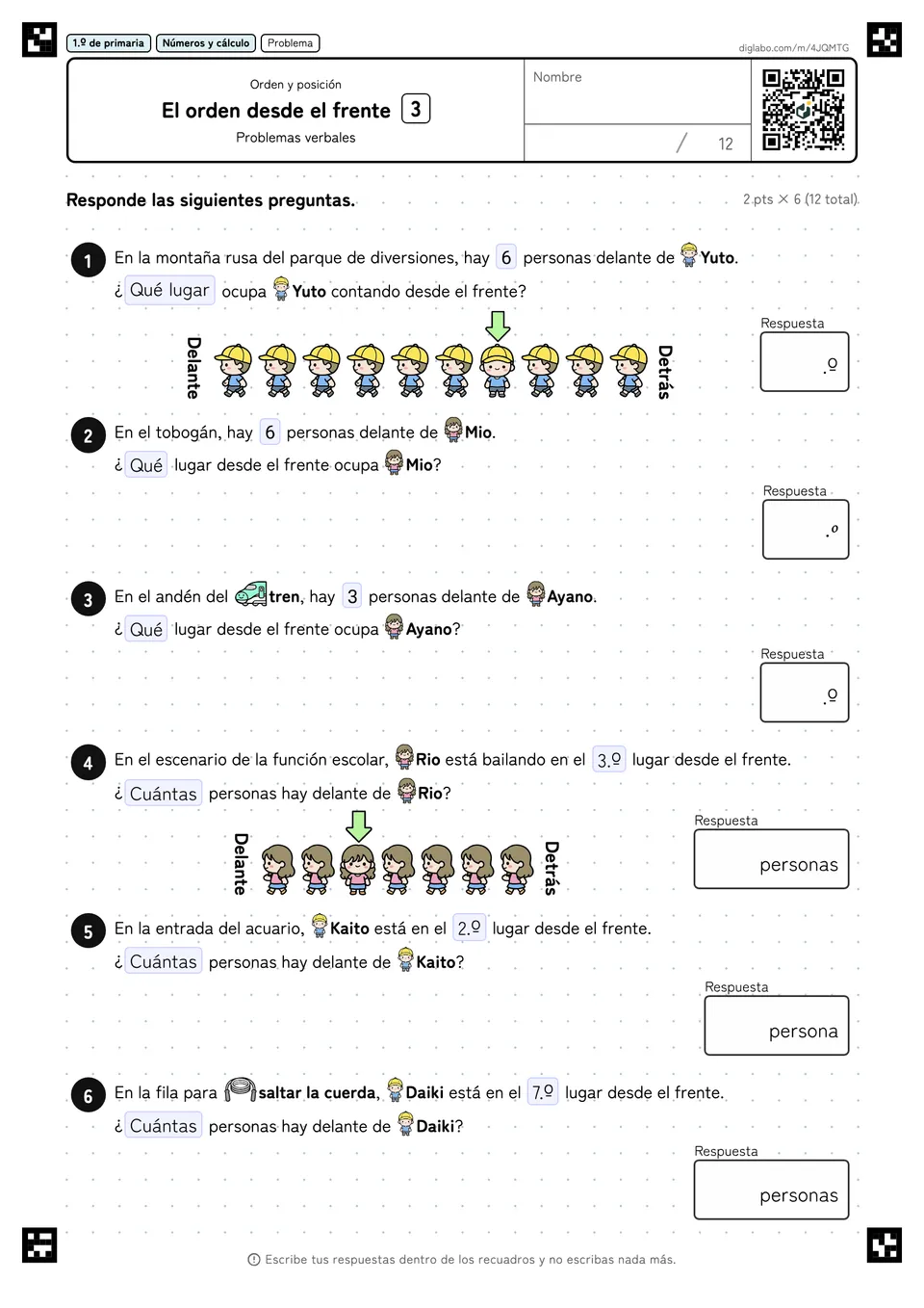 1.º de primaria Orden y posición El orden desde el frente