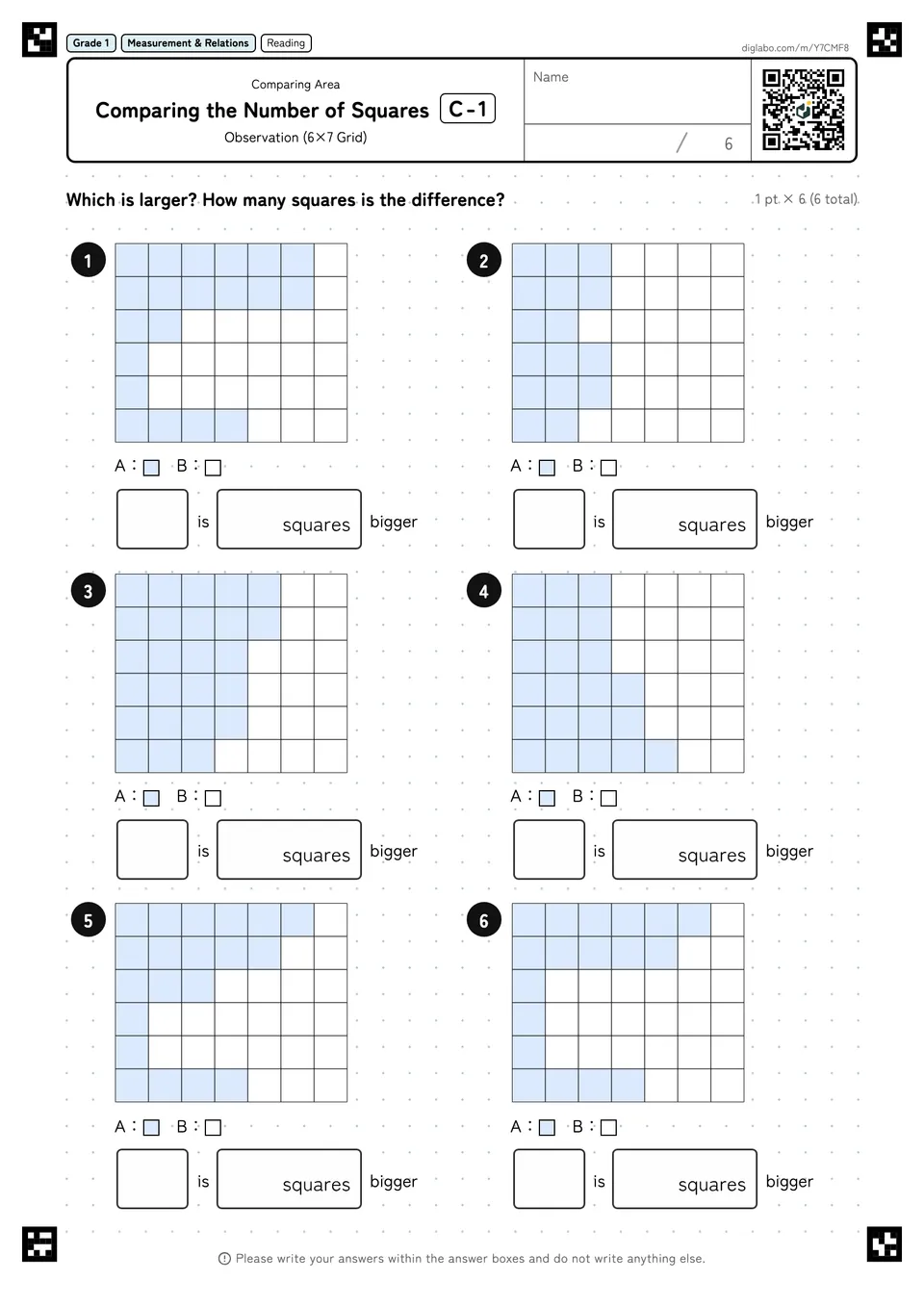 Grade 1 (Elementary School) Comparing Area Comparing the Number of Squares