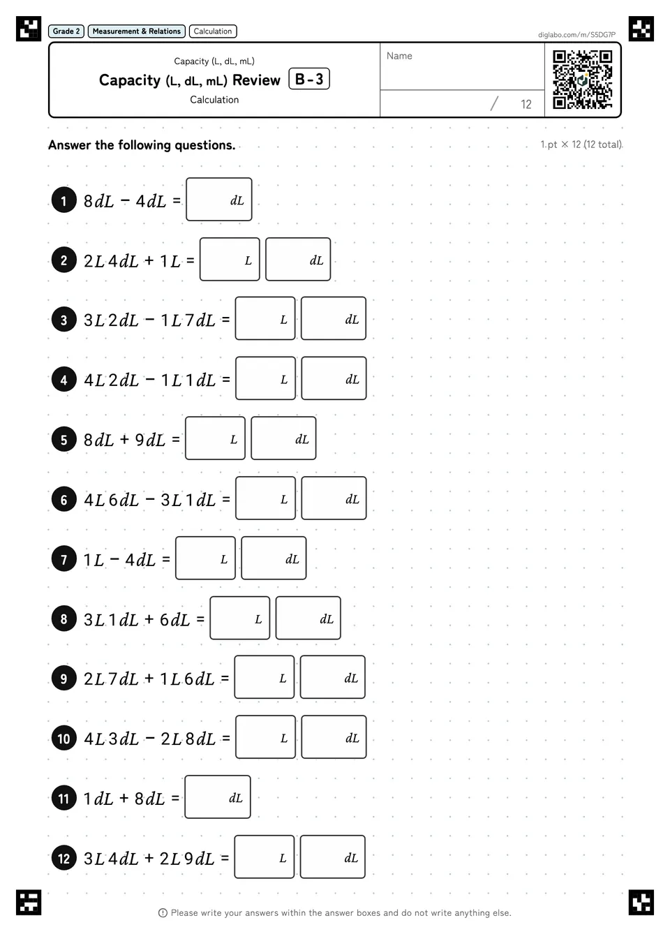 Grade 2 (Elementary School) Capacity (L, dL, mL) Capacity (L, dL, mL) Review