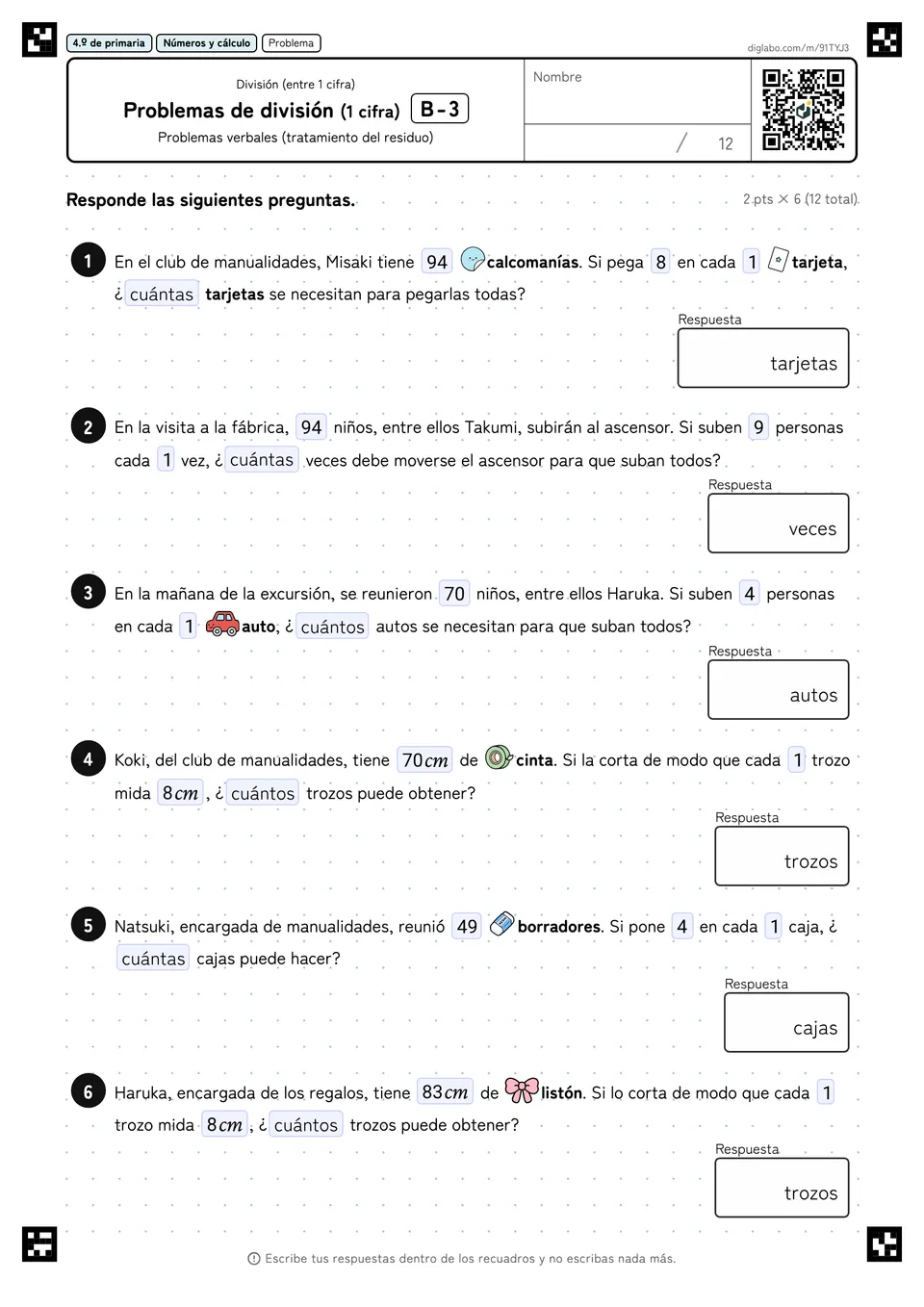 4.º de primaria División (entre 1 cifra) Problemas de división (1 cifra)