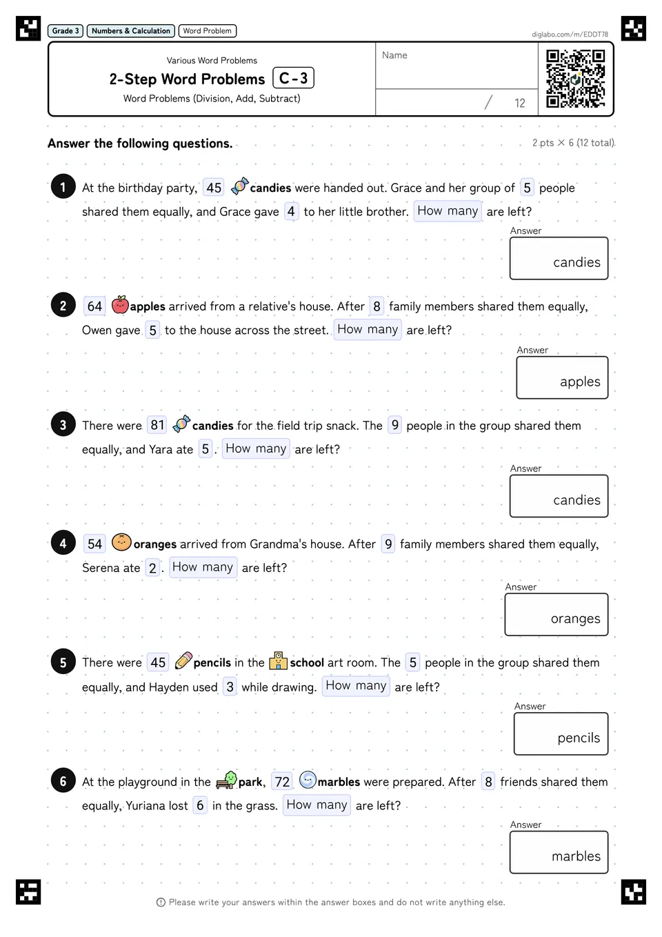 Grade 3 (Elementary School) Various Word Problems 2-Step Word Problems