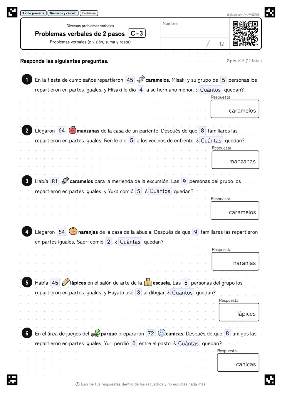 3.º de primaria Diversos problemas verbales Problemas verbales de 2 pasos