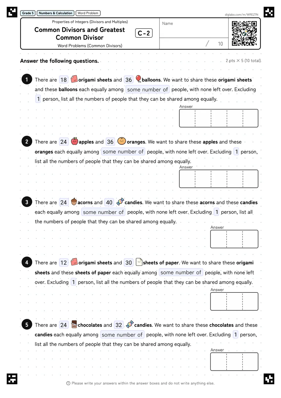Grade 5 (Elementary School) Properties of Integers (Divisors and Multiples) Common Divisors and Greatest Common Divisor