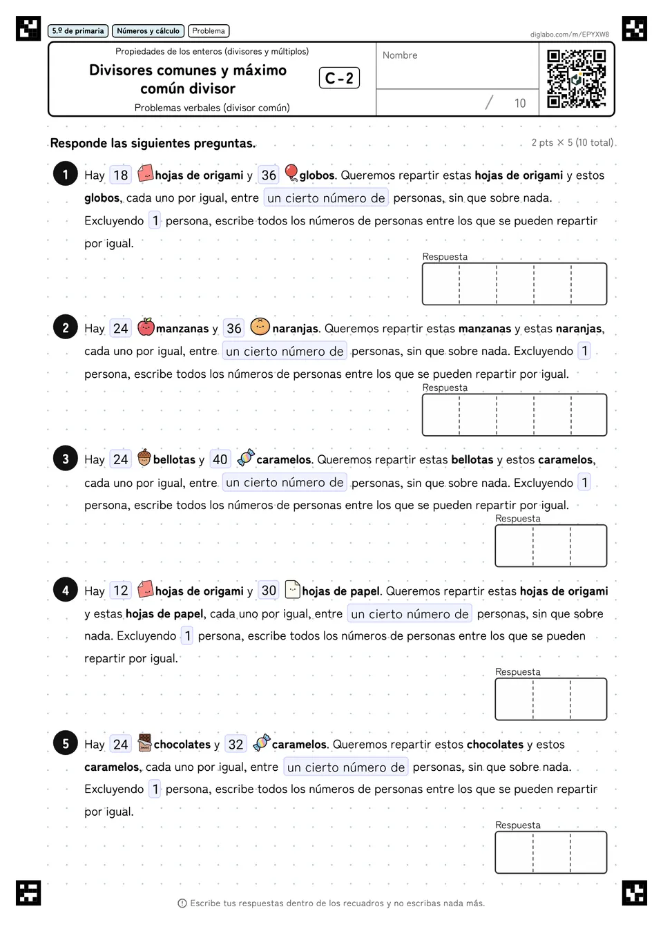 5.º de primaria Propiedades de los enteros (divisores y múltiplos) Divisores comunes y máximo común divisor