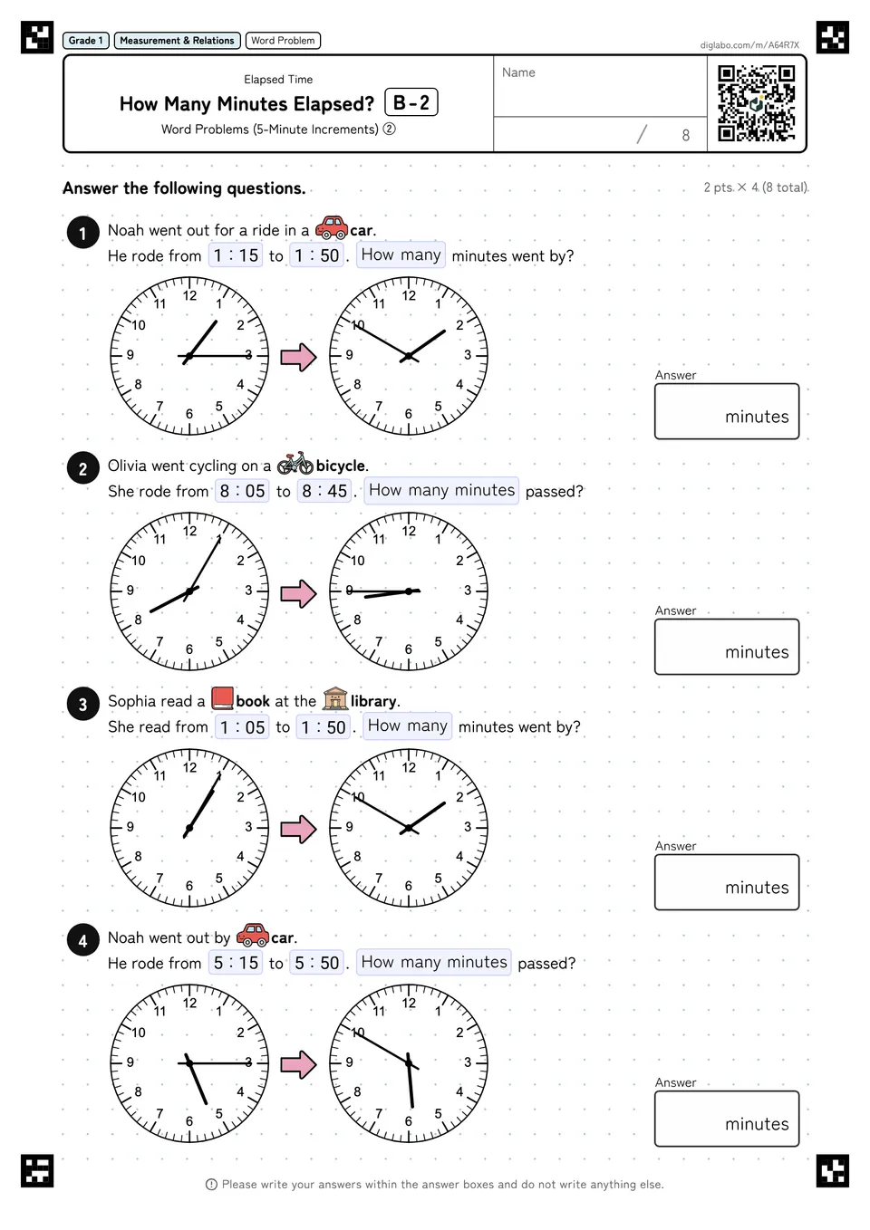 Grade 1 (Elementary School) Elapsed Time How Many Minutes Elapsed?