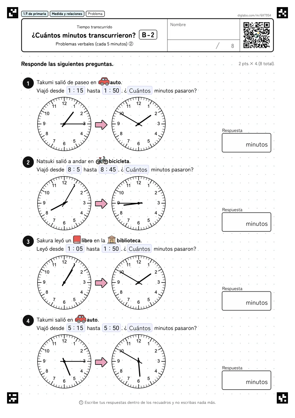 1.º de primaria Tiempo transcurrido ¿Cuántos minutos transcurrieron?
