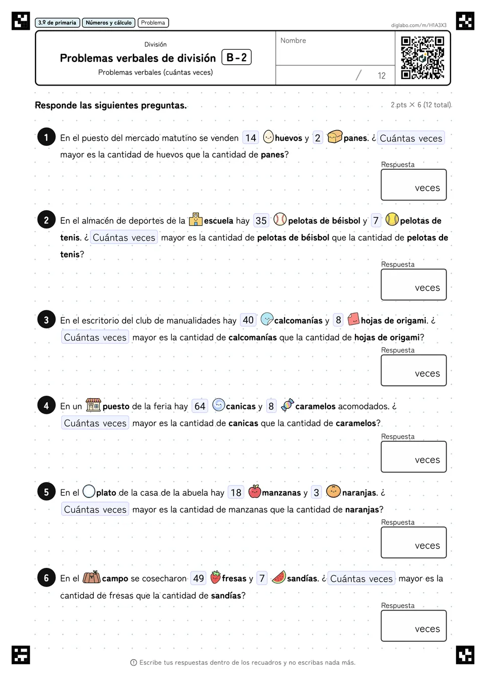 3.º de primaria División Problemas verbales de división