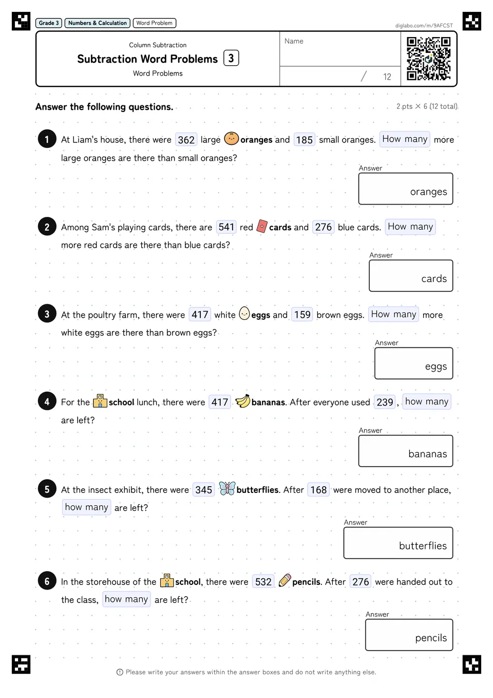Grade 3 (Elementary School) Column Subtraction Subtraction Word Problems