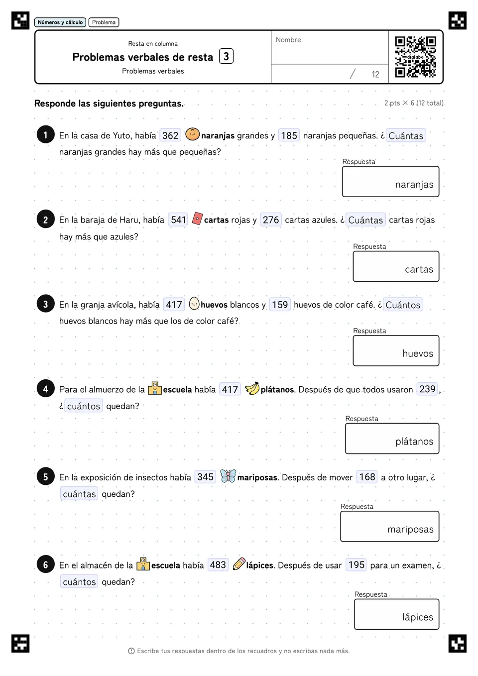 Problemas verbales de resta 3