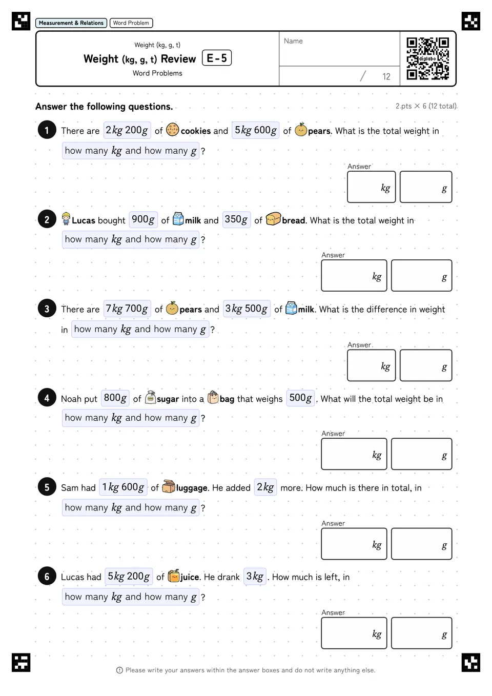 Weight (kg, g, t) Review E-5