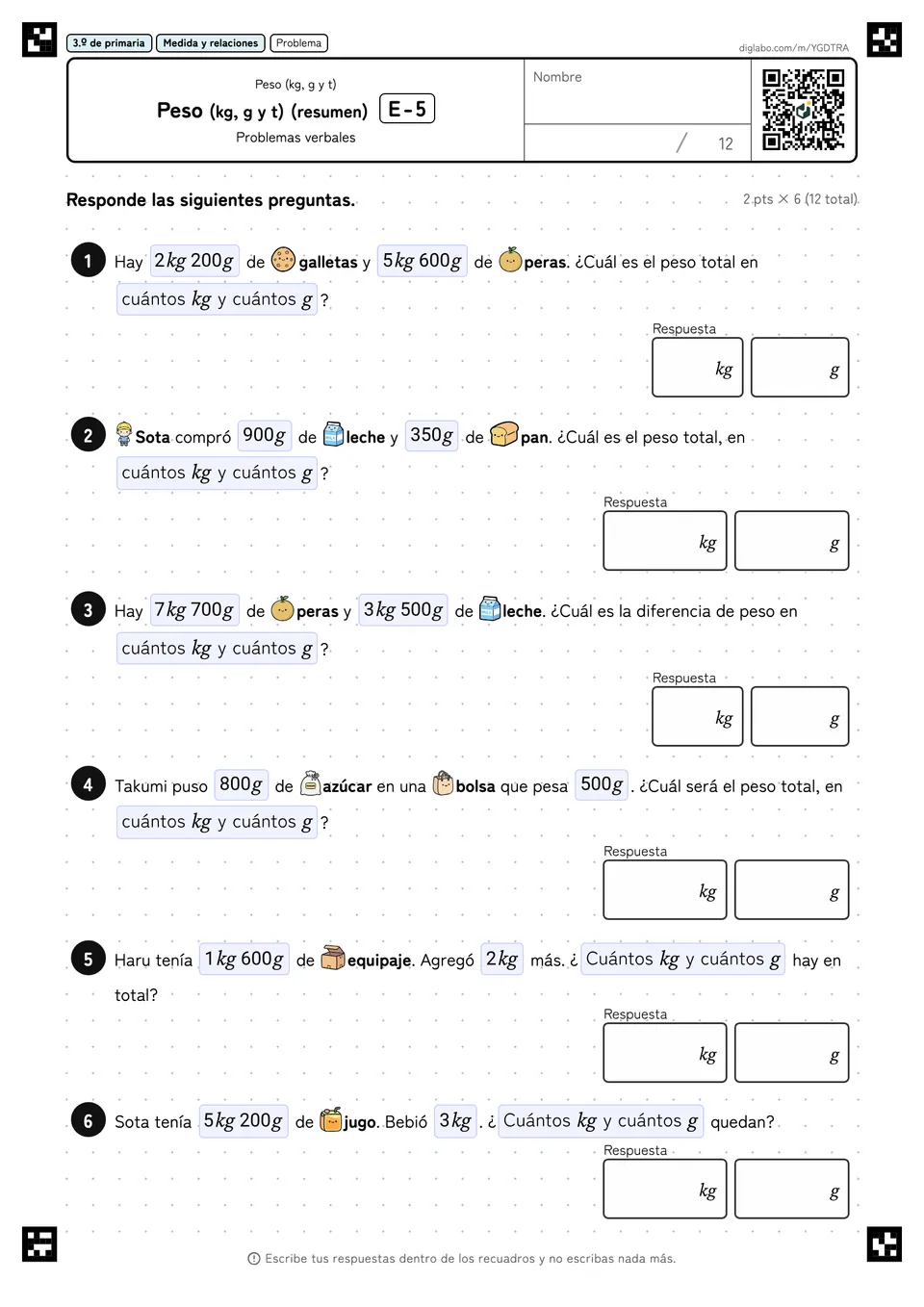 3.º de primaria Peso (kg, g y t) Peso (kg, g y t) (resumen)