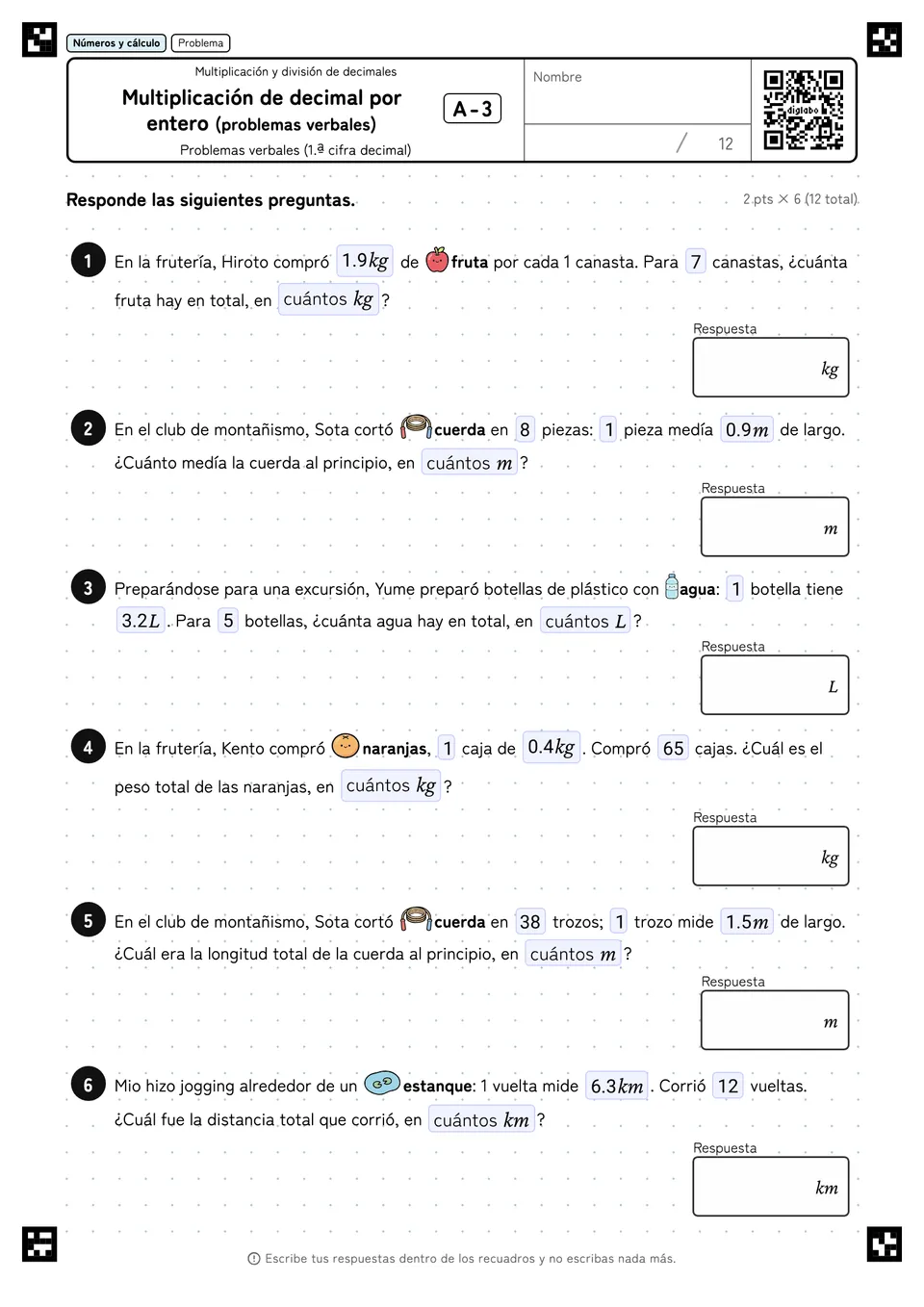 Multiplicación de decimal por entero (problemas verbales) A-3