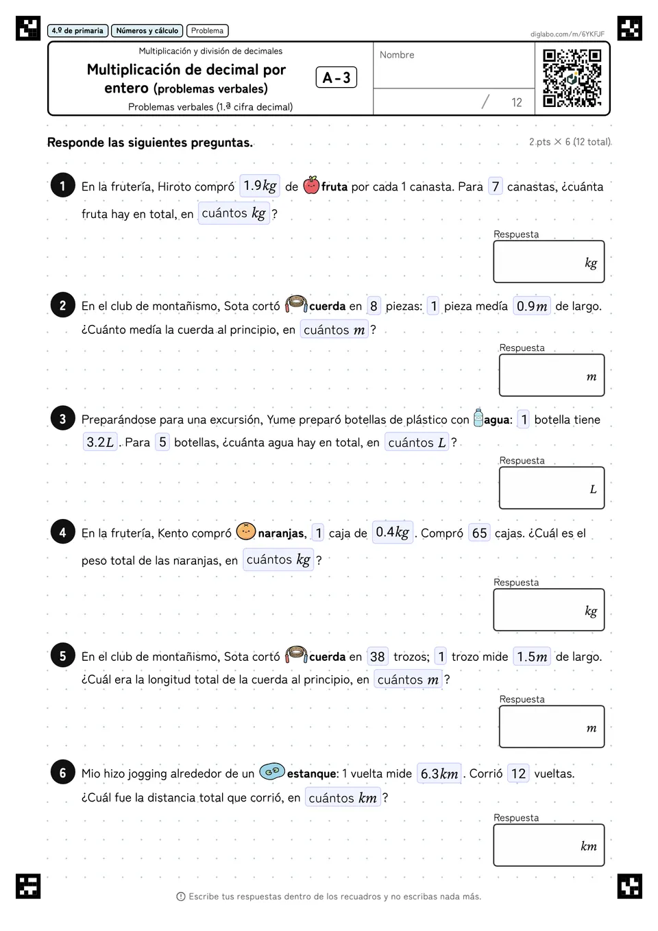 4.º de primaria Multiplicación y división de decimales Multiplicación de decimal por entero (problemas verbales)