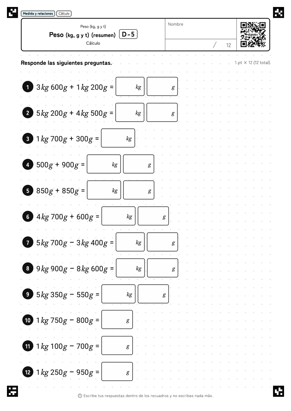 Peso (kg, g y t) (resumen) D-5