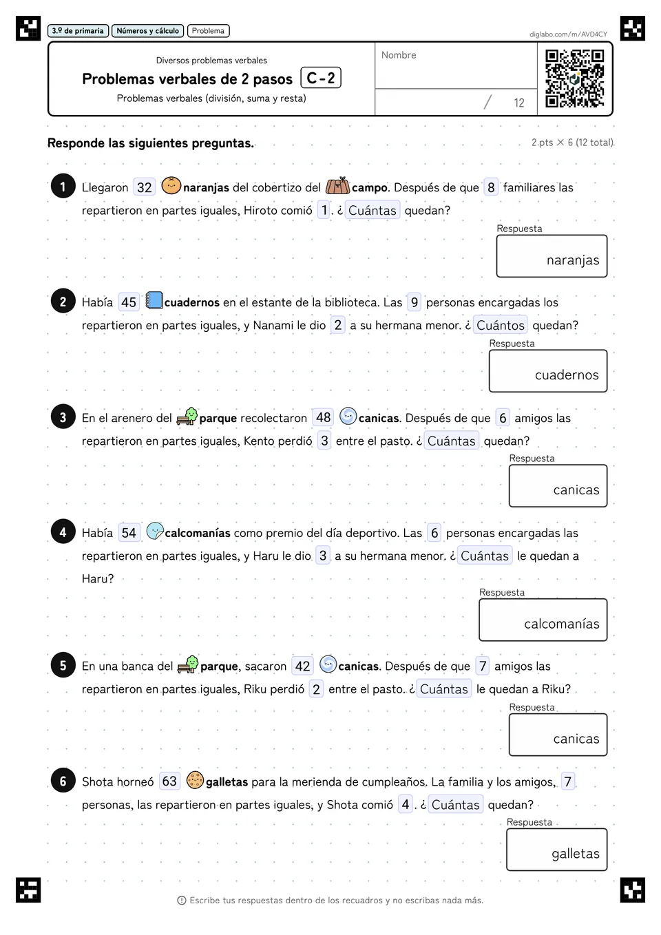 3.º de primaria Diversos problemas verbales Problemas verbales de 2 pasos