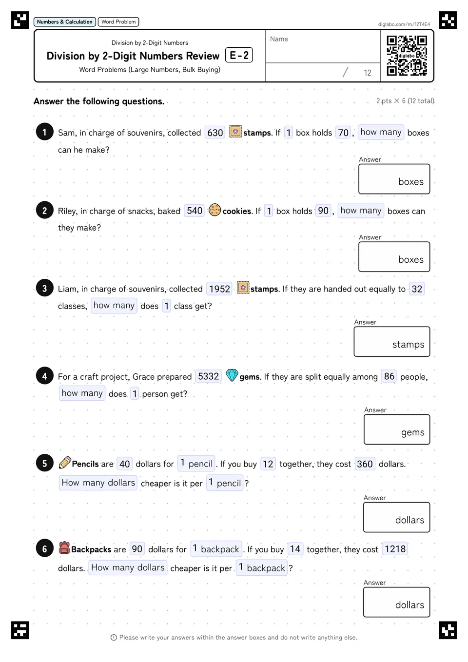 Division by 2-Digit Numbers Review E-2