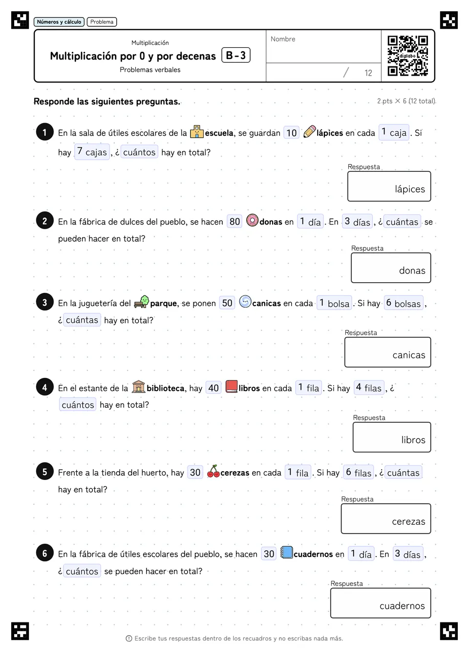 Multiplicación por 0 y por decenas B-3