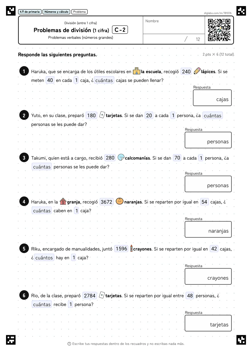 4.º de primaria División (entre 1 cifra) Problemas de división (1 cifra)