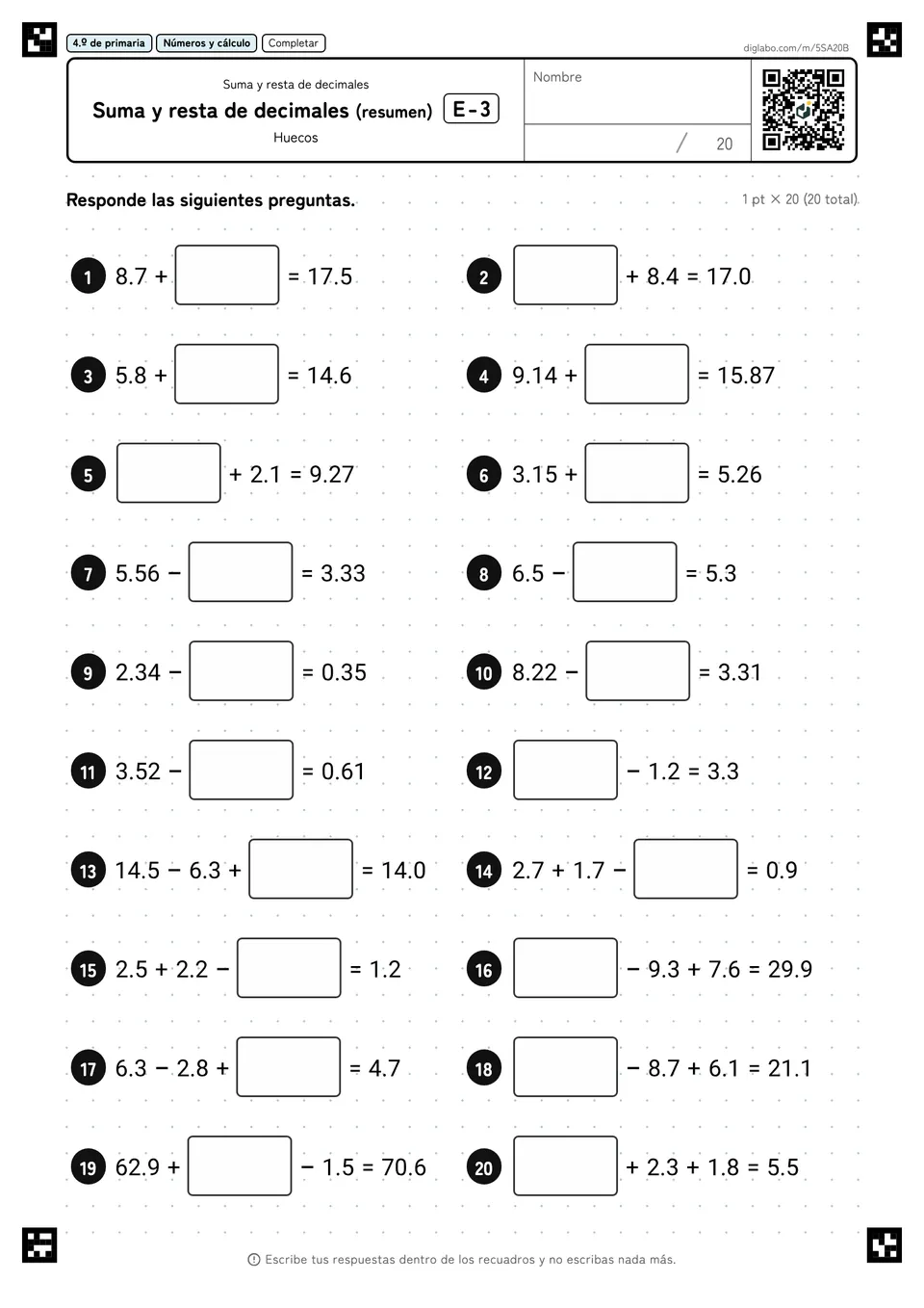 4.º de primaria Suma y resta de decimales Suma y resta de decimales (resumen)