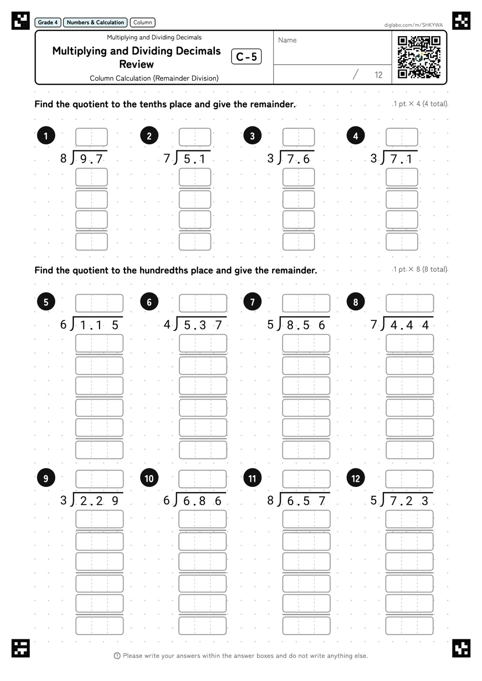 Grade 4 (Elementary School) Multiplying and Dividing Decimals Multiplying and Dividing Decimals Review