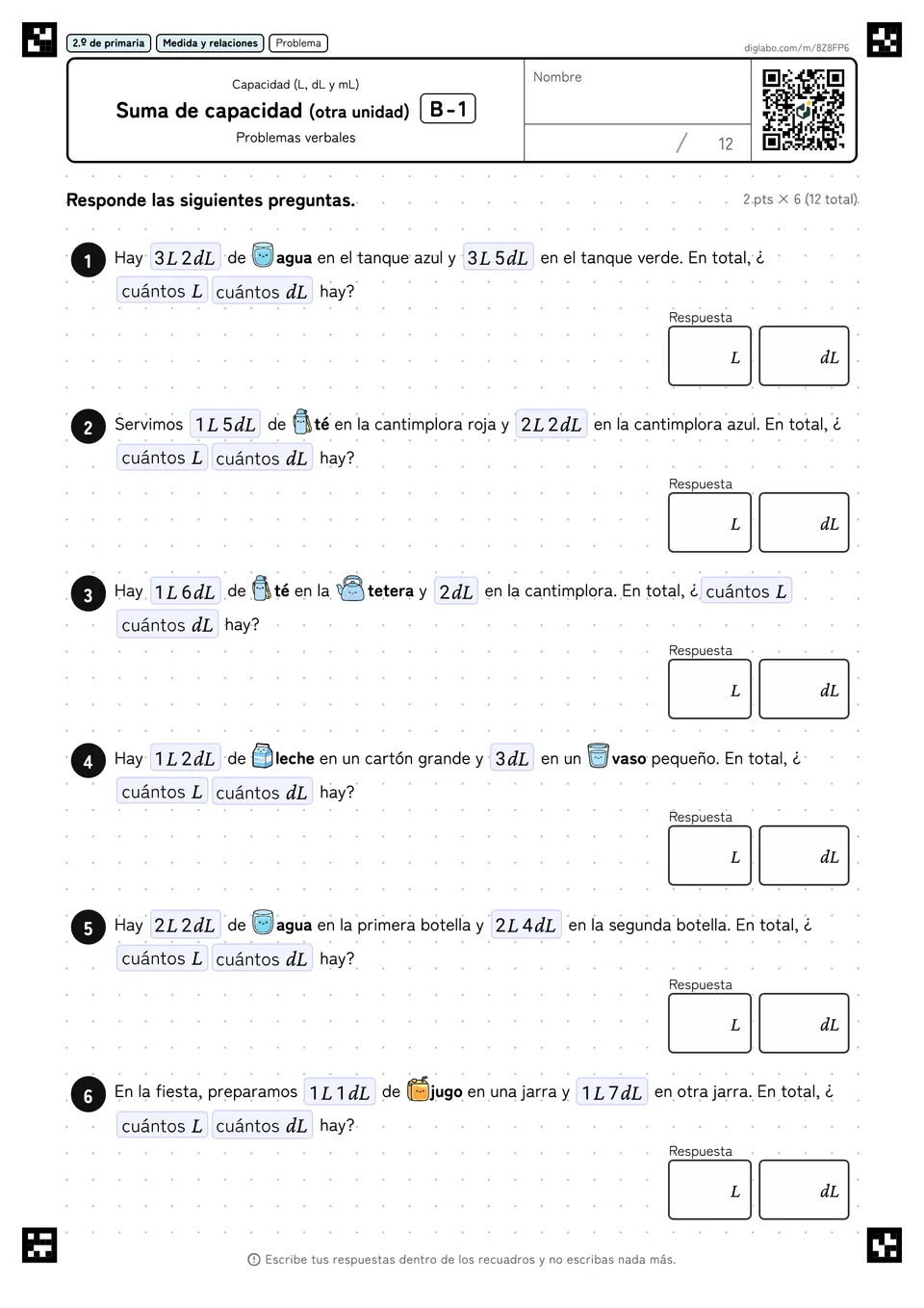 2.º de primaria Capacidad (L, dL y mL) Suma de capacidad (otra unidad)