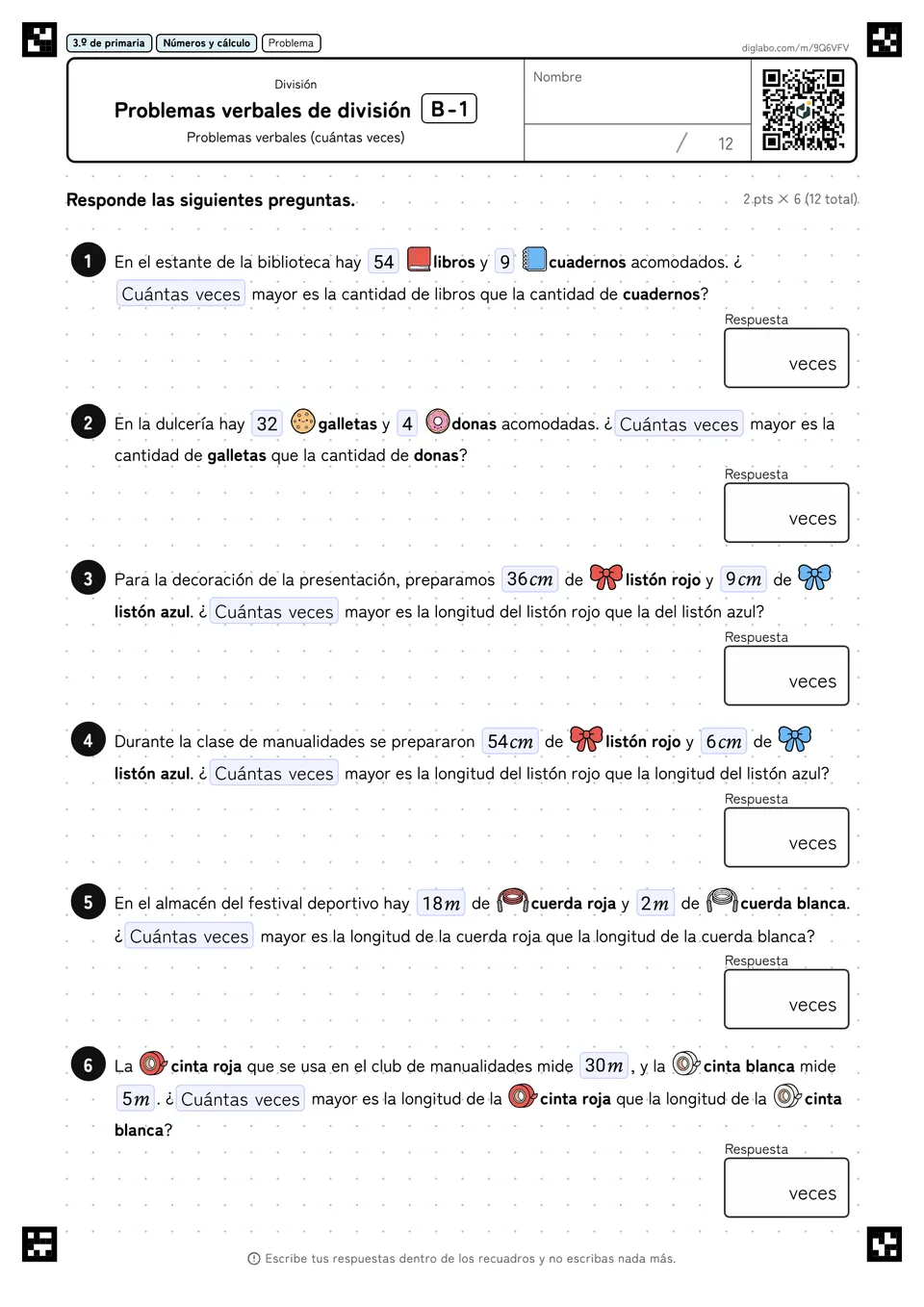 3.º de primaria División Problemas verbales de división
