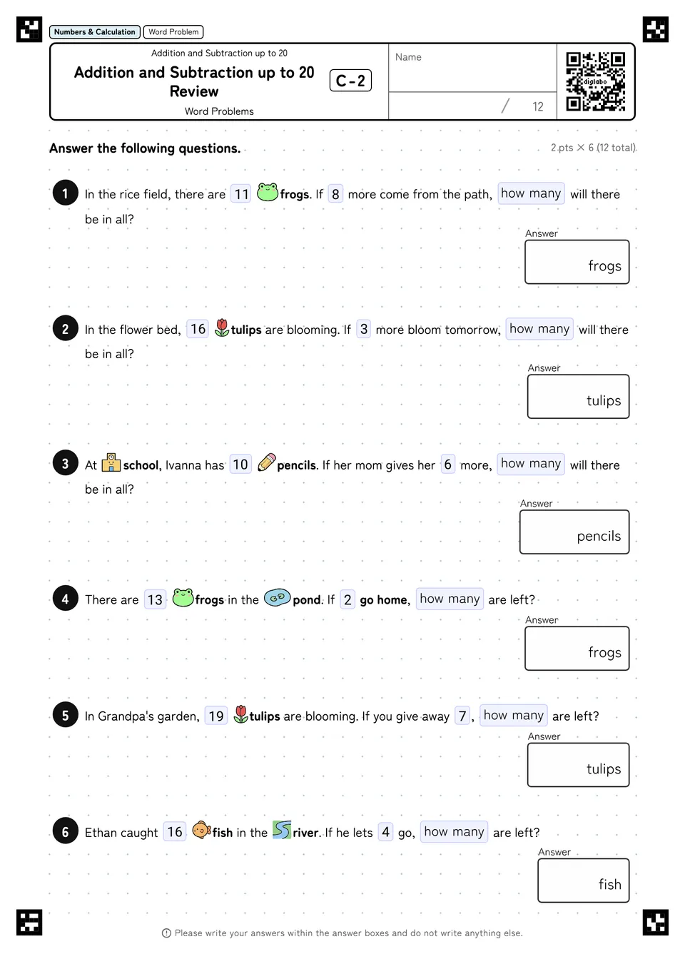 Addition and Subtraction up to 20 Review C-2