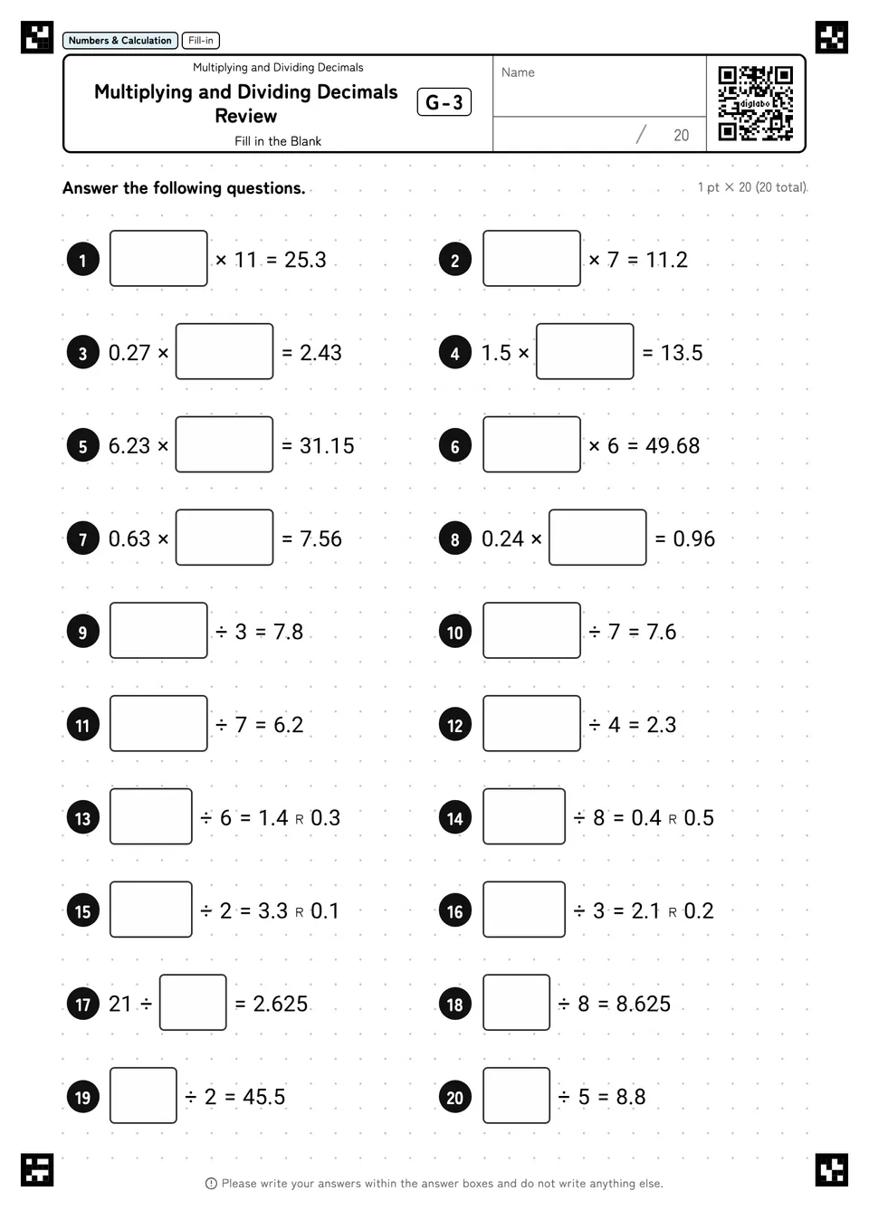 Multiplying and Dividing Decimals Review G-3
