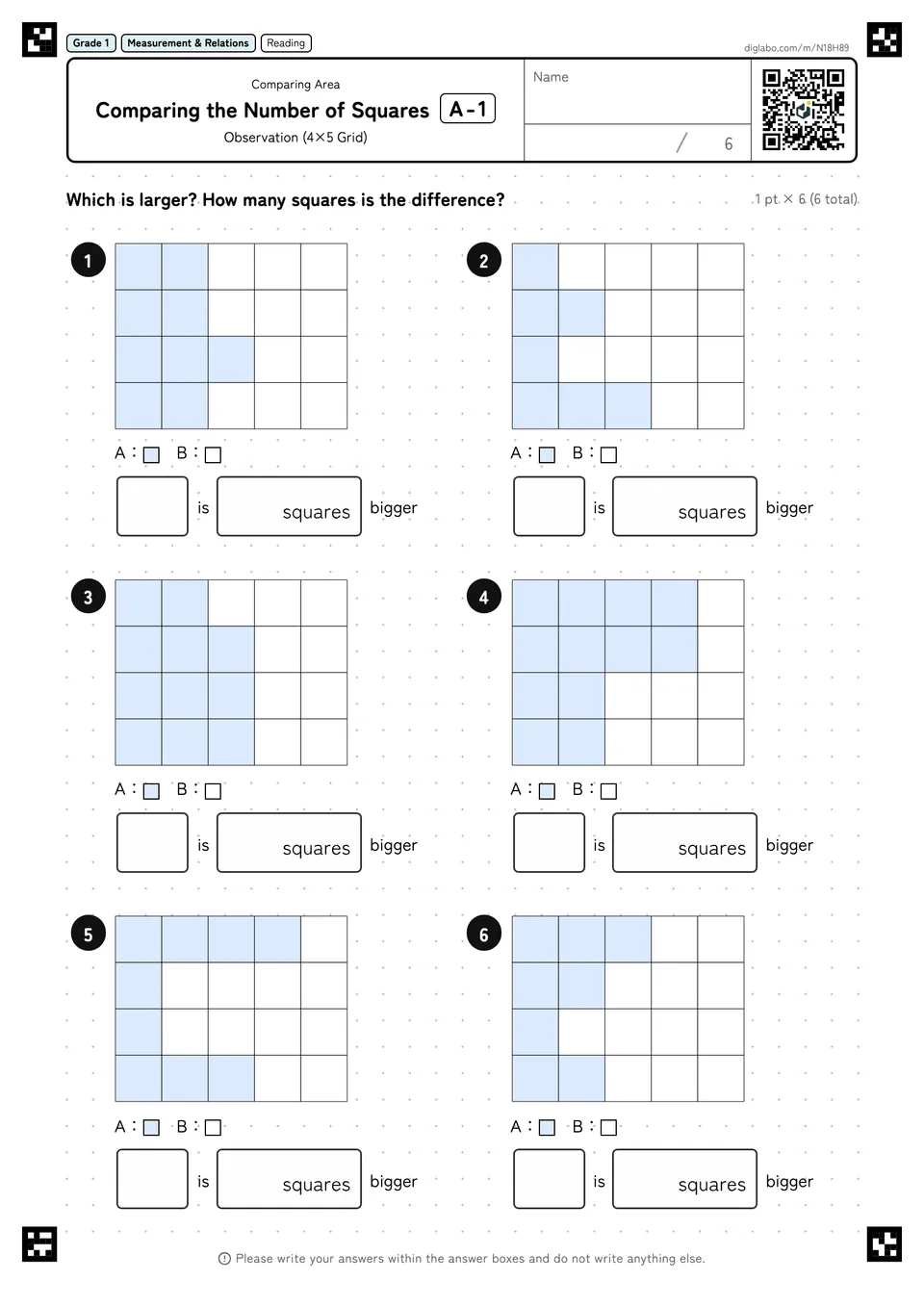 Grade 1 (Elementary School) Comparing Area Comparing the Number of Squares