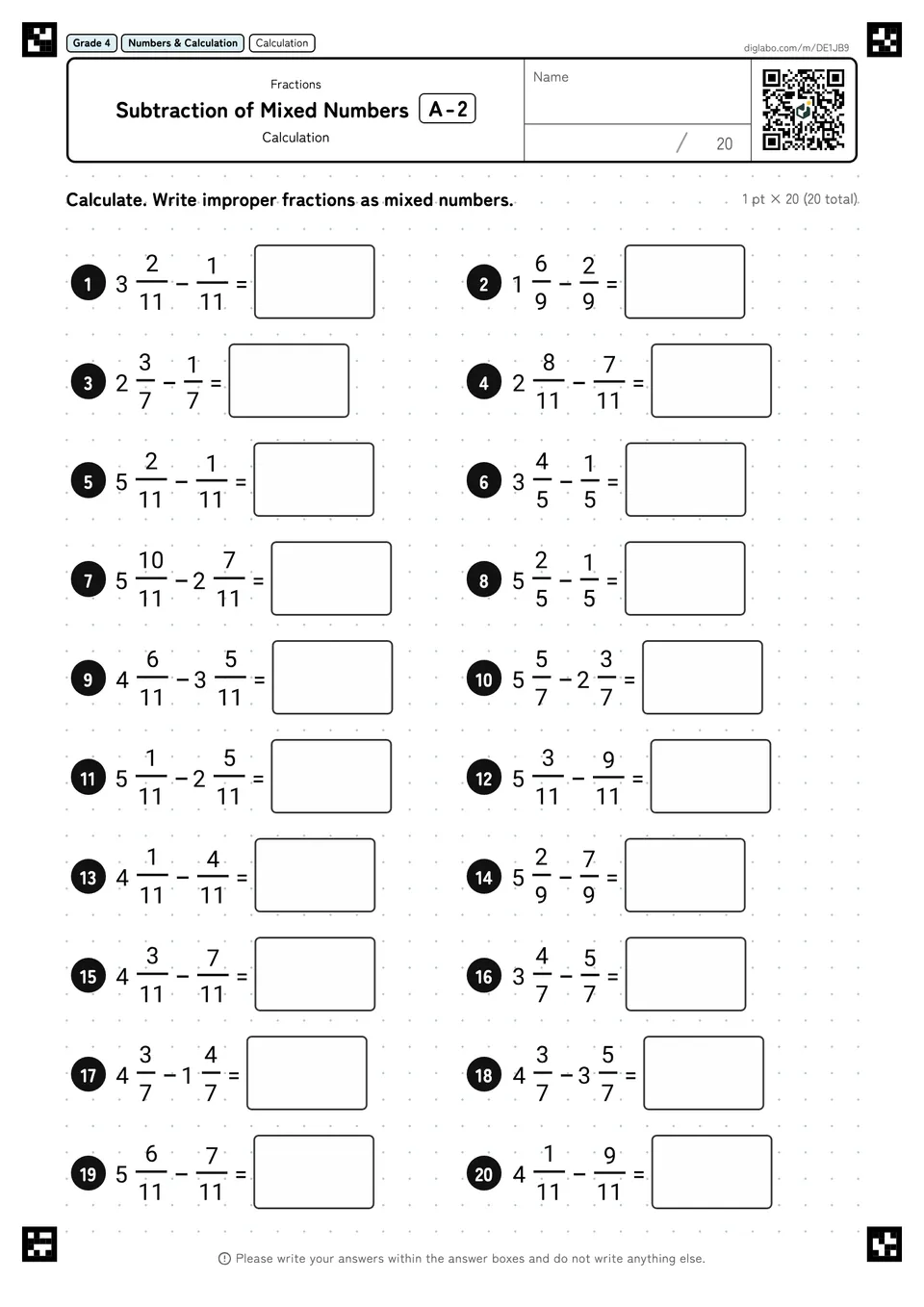 Grade 4 (Elementary School) Fractions Subtraction of Mixed Numbers