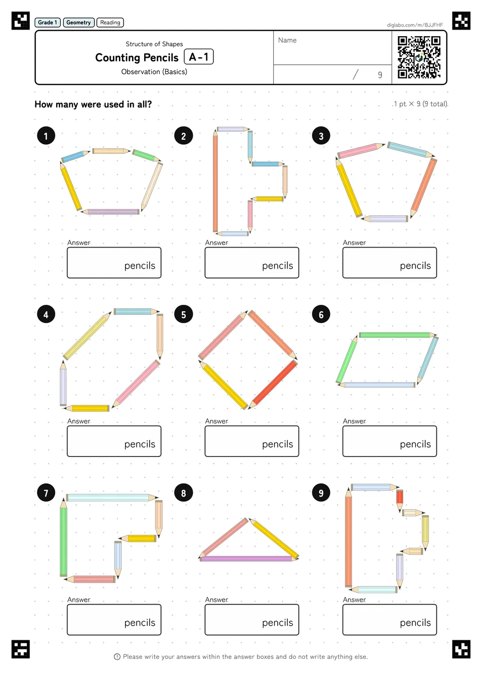 Grade 1 (Elementary School) Structure of Shapes Counting Pencils