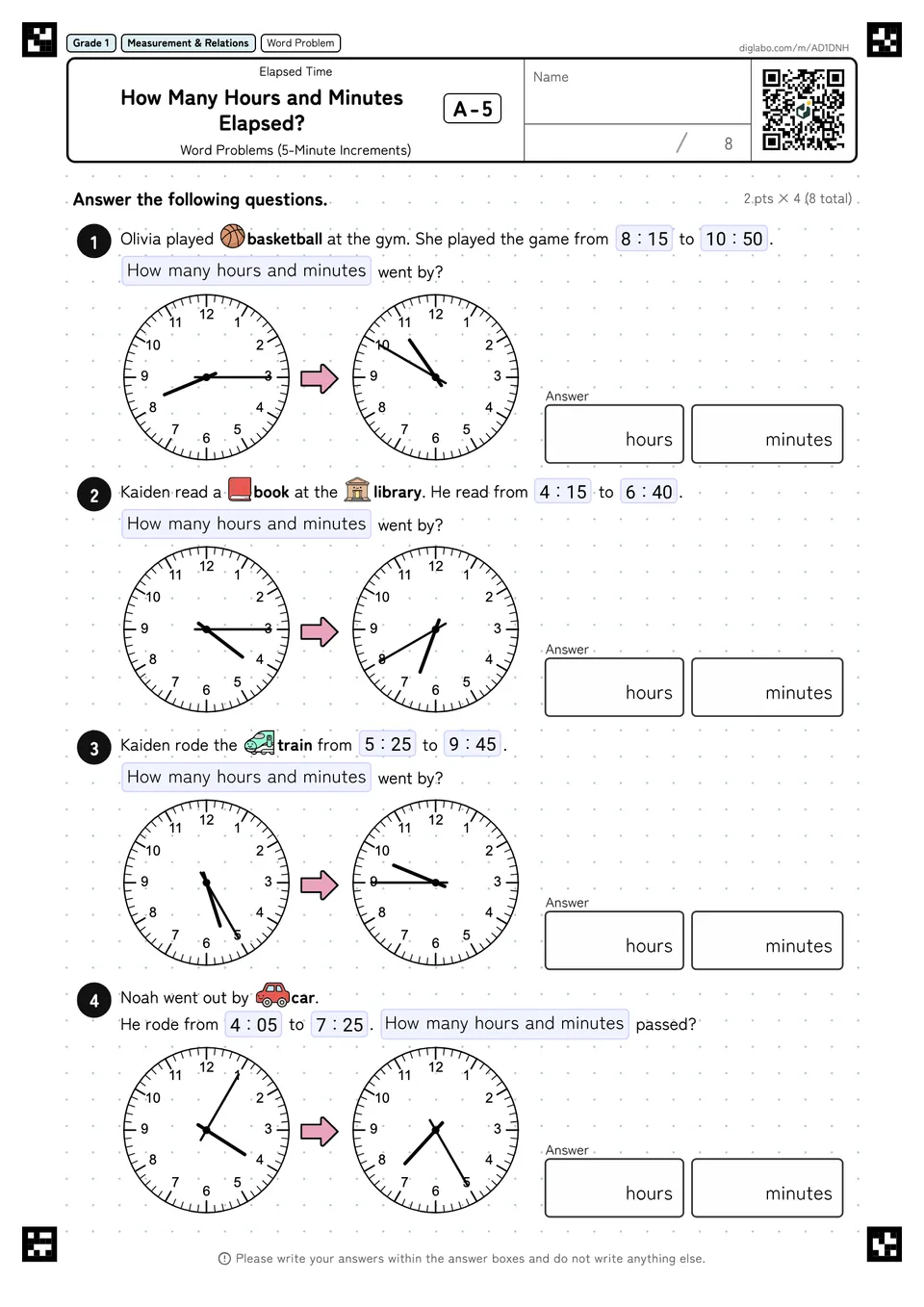 Grade 1 (Elementary School) Elapsed Time How Many Hours and Minutes Elapsed?