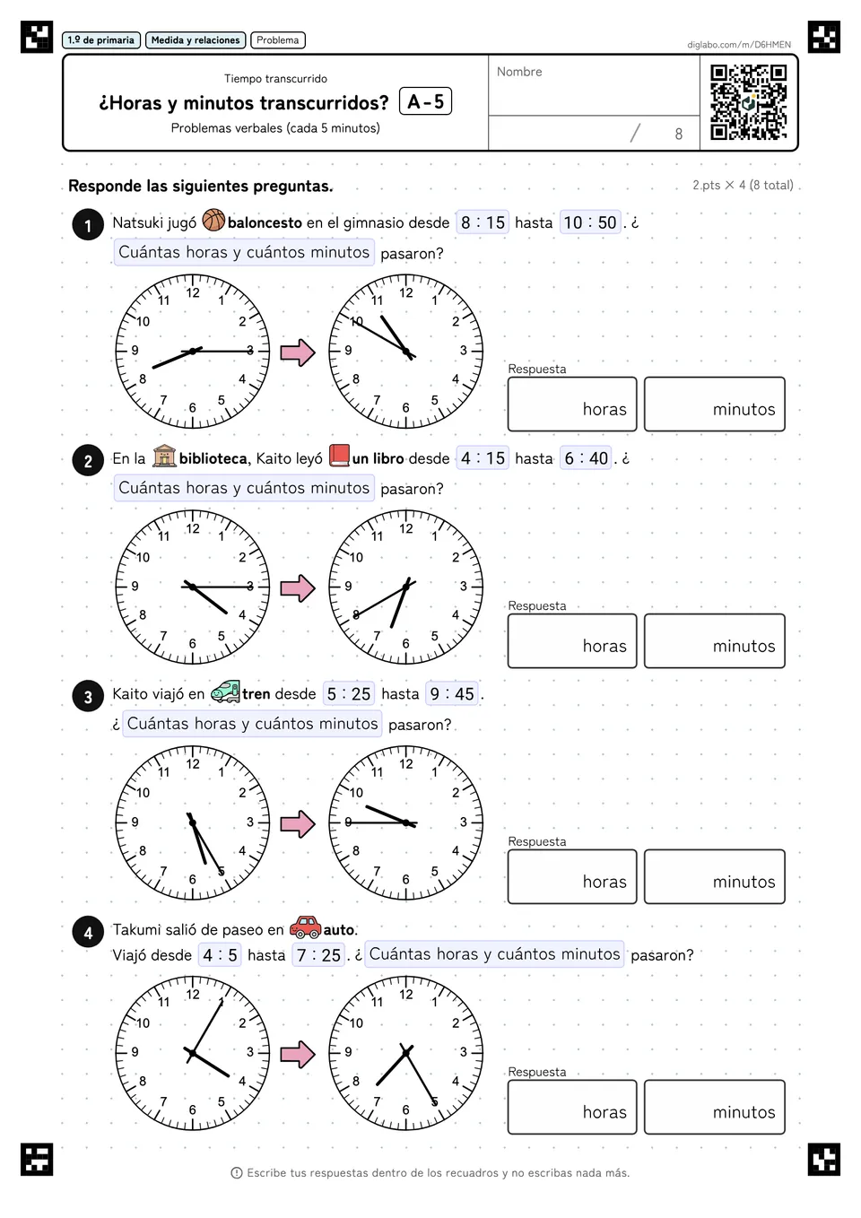 1.º de primaria Tiempo transcurrido ¿Horas y minutos transcurridos?