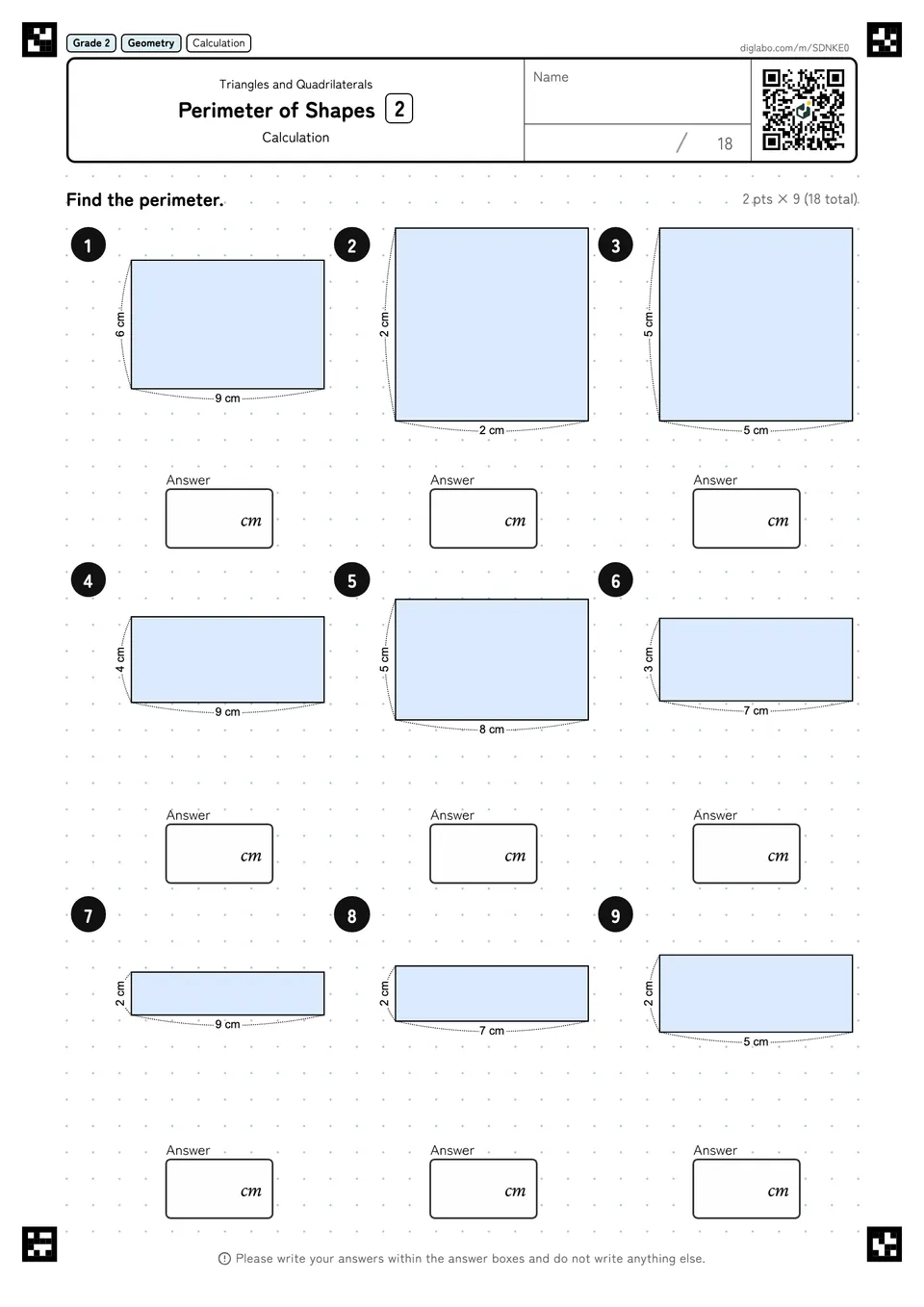 Grade 2 (Elementary School) Triangles and Quadrilaterals Perimeter of Shapes