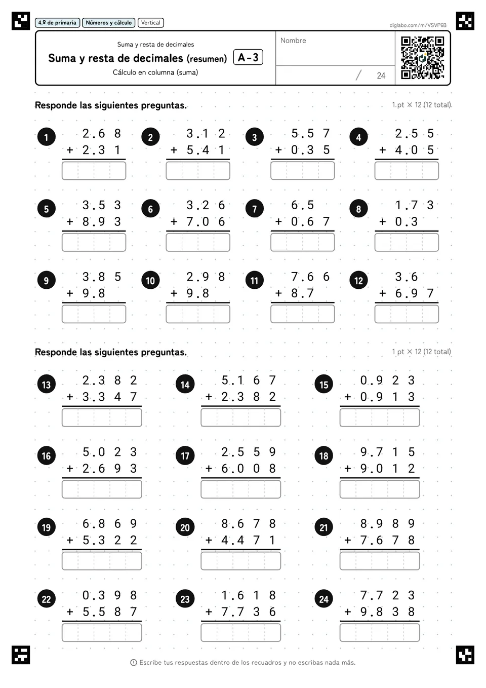 4.º de primaria Suma y resta de decimales Suma y resta de decimales (resumen)