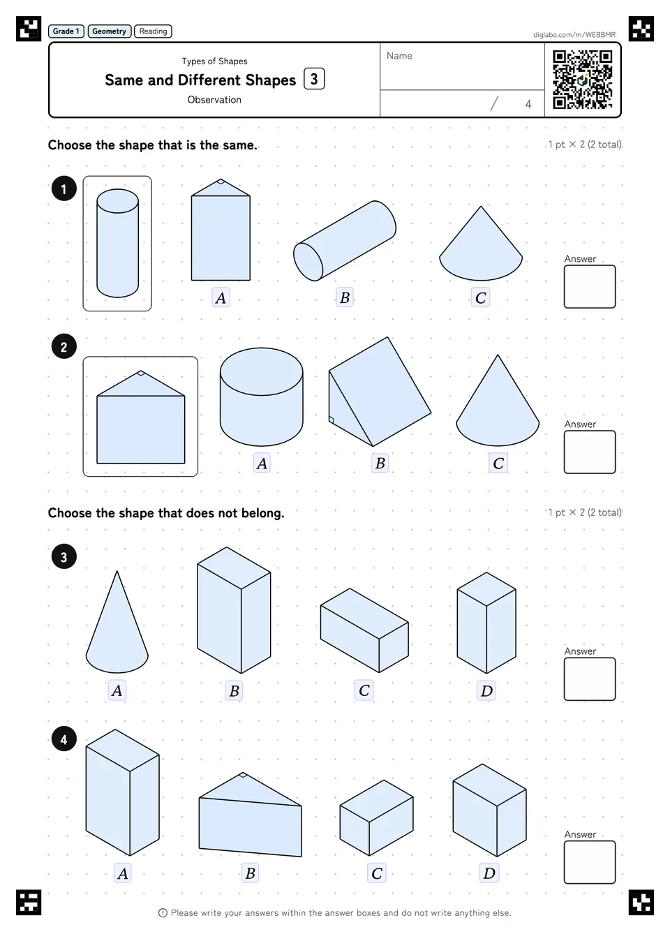 Grade 1 (Elementary School) Types of Shapes Same and Different Shapes