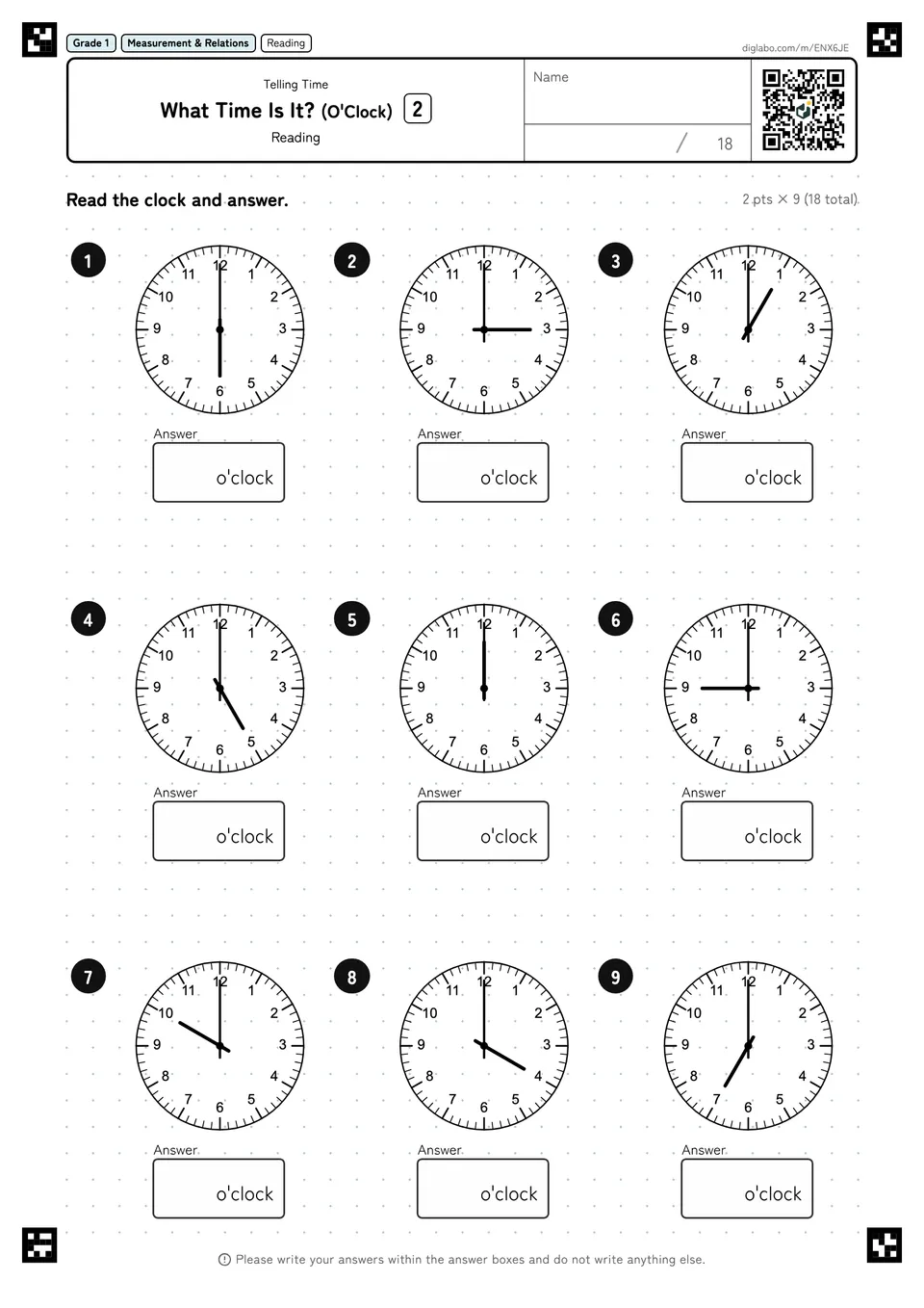 Grade 1 (Elementary School) Telling Time What Time Is It? (O'Clock)