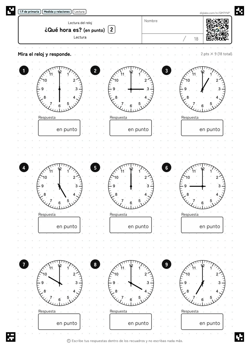 1.º de primaria Lectura del reloj ¿Qué hora es? (en punto)