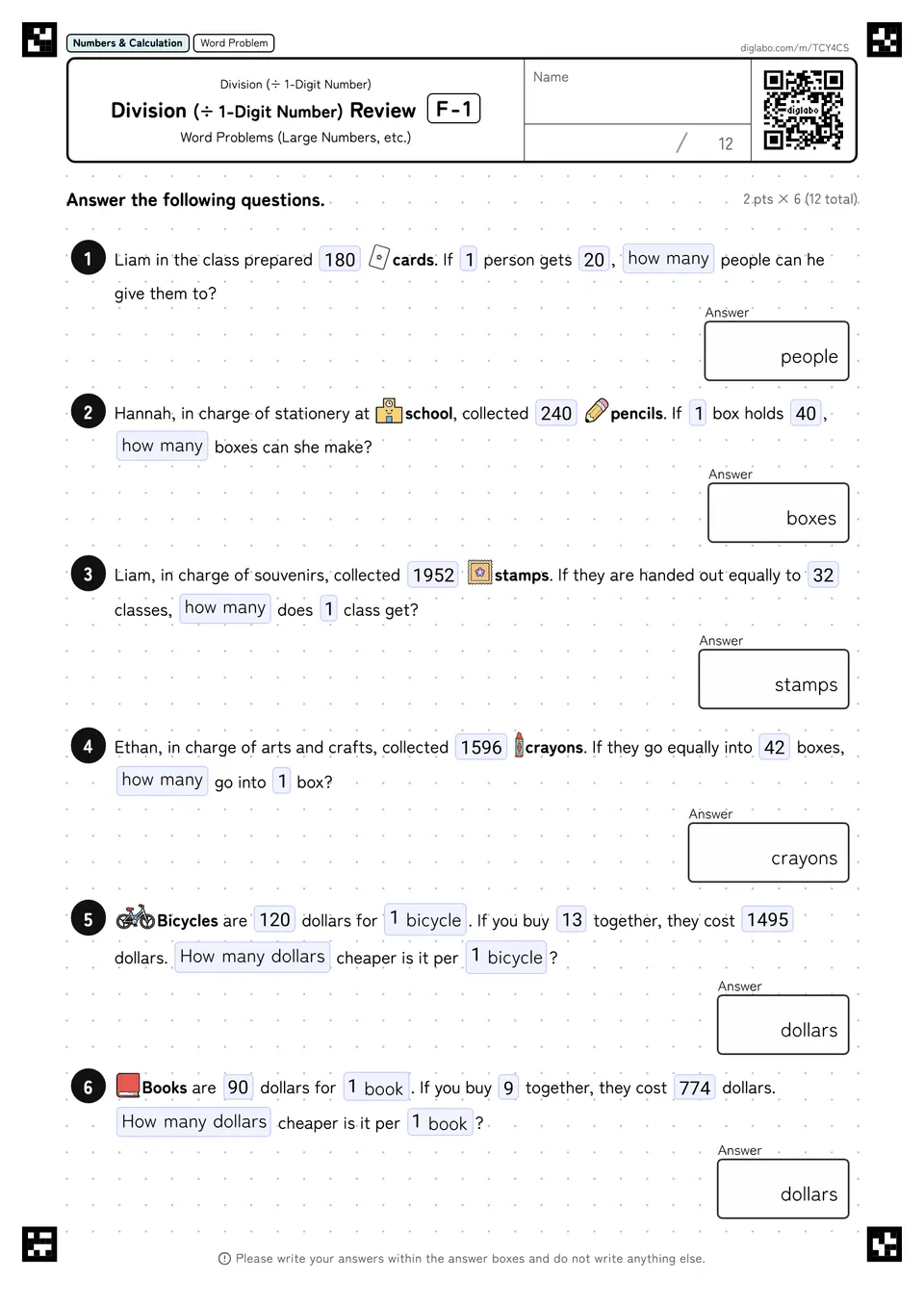 Division (÷ 1-Digit Number) Review F-1