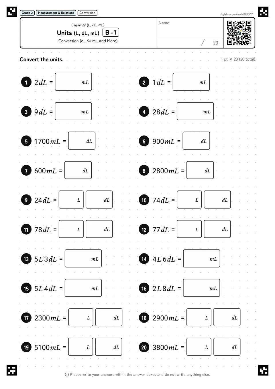 Grade 2 (Elementary School) Capacity (L, dL, mL) Units (L, dL, mL)