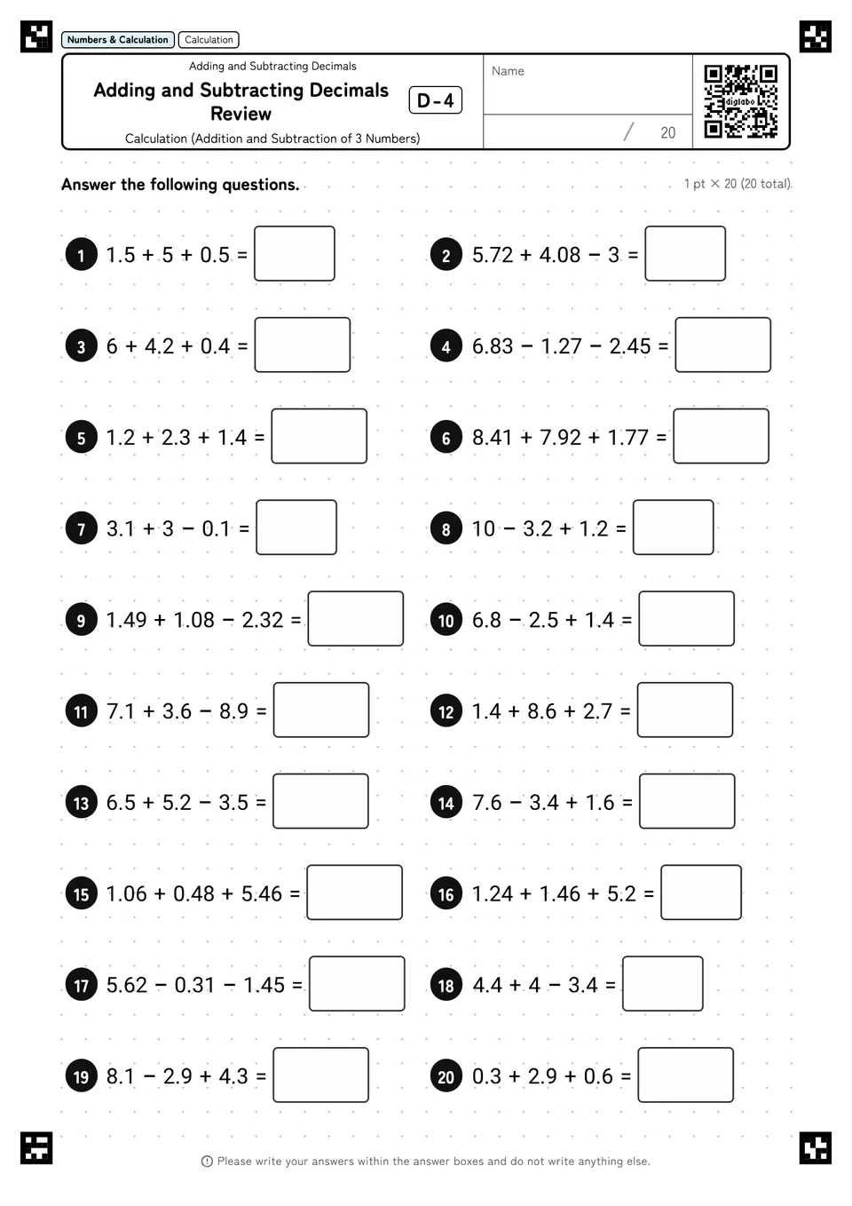 Adding and Subtracting Decimals Review D-4