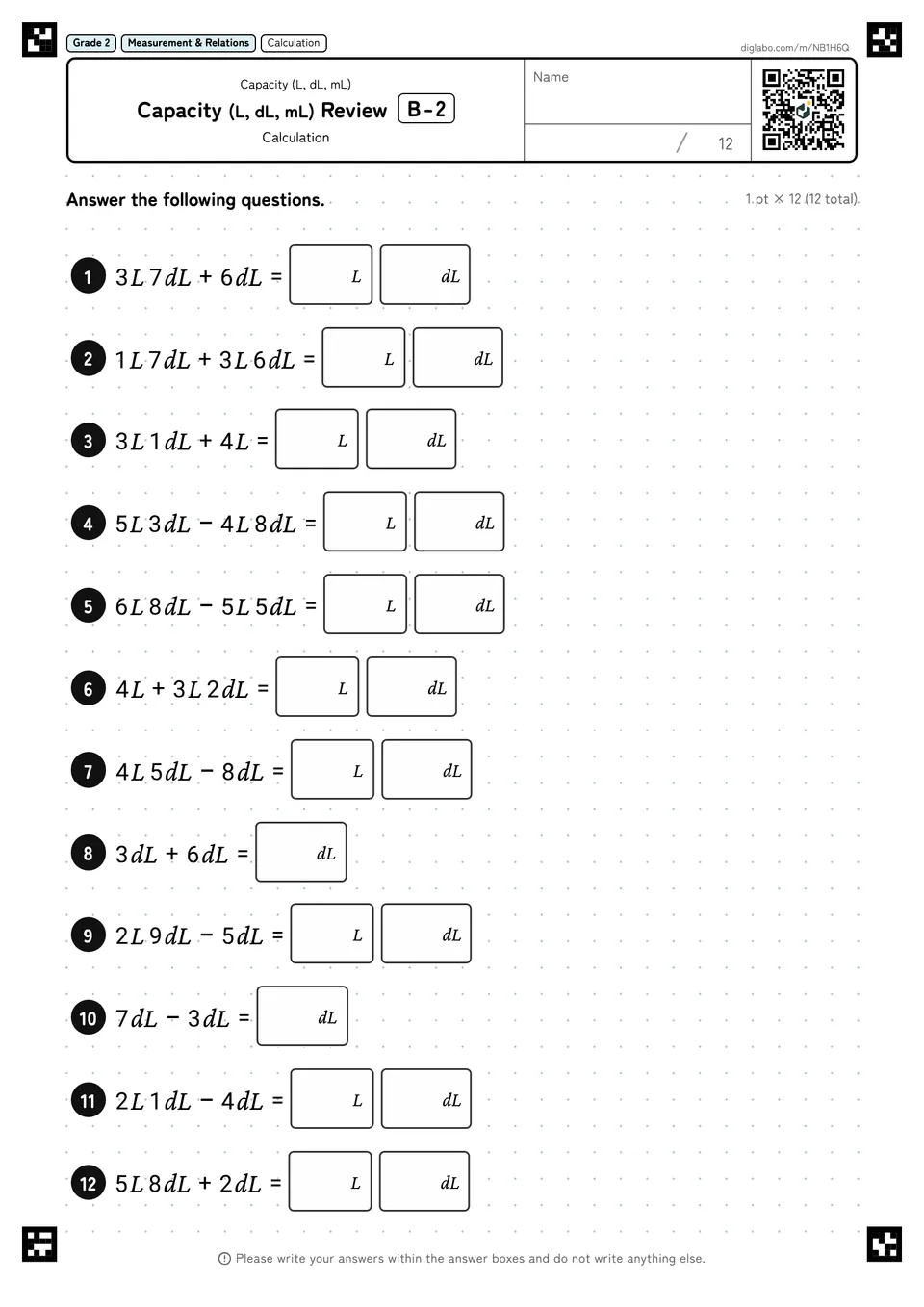 Grade 2 (Elementary School) Capacity (L, dL, mL) Capacity (L, dL, mL) Review