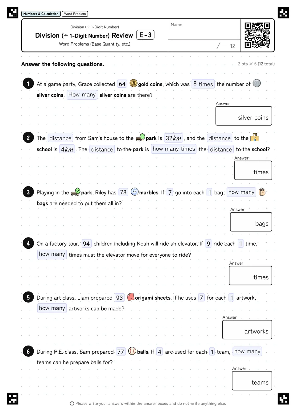 Division (÷ 1-Digit Number) Review E-3