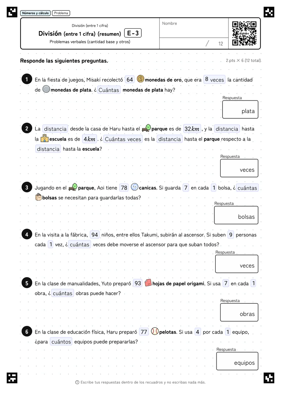 División (entre 1 cifra) (resumen) E-3