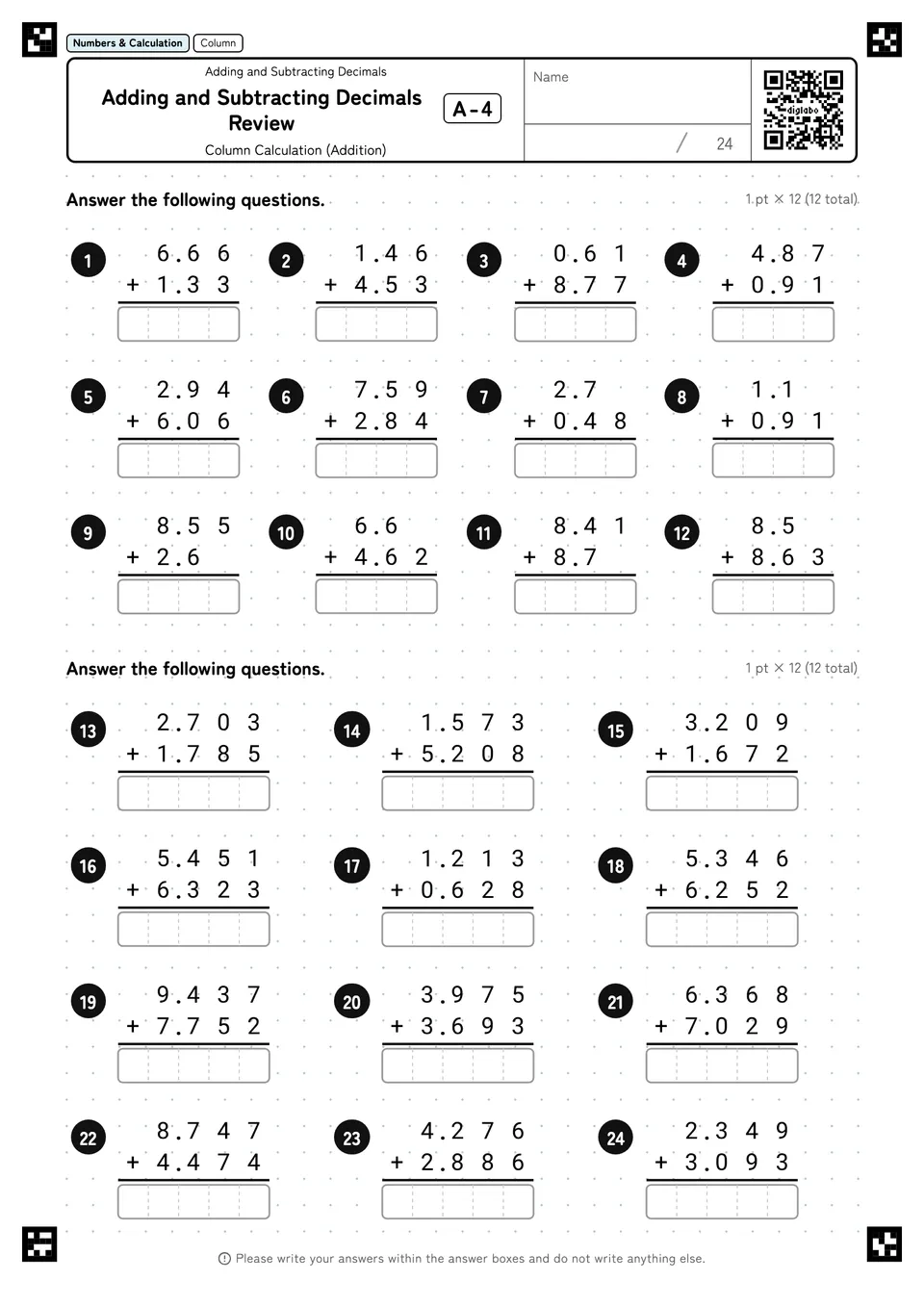 Adding and Subtracting Decimals Review A-4