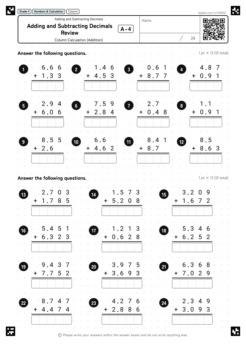 Grade 4 (Elementary School) Adding and Subtracting Decimals Adding and Subtracting Decimals Review