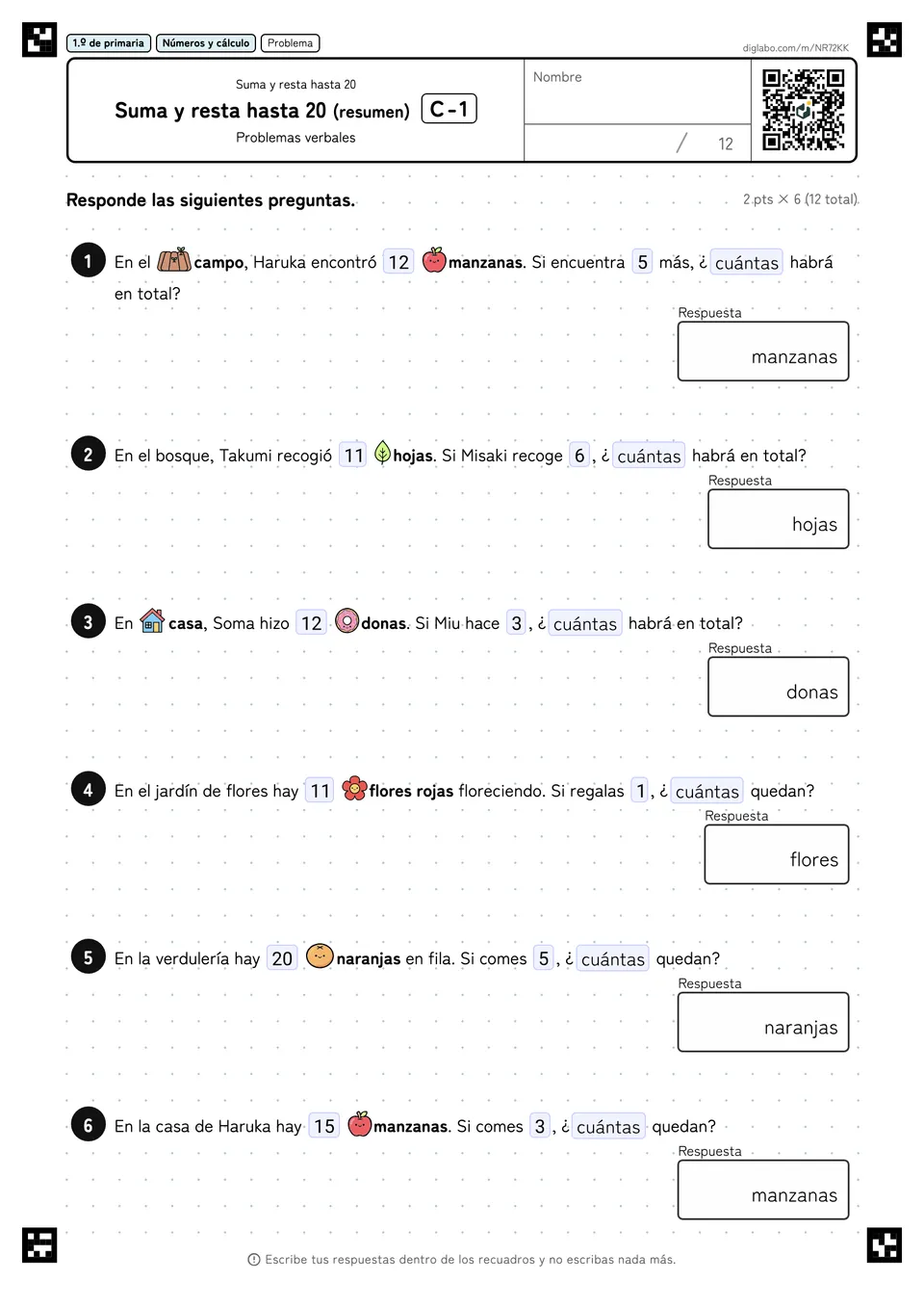 1.º de primaria Suma y resta hasta 20 Suma y resta hasta 20 (resumen)