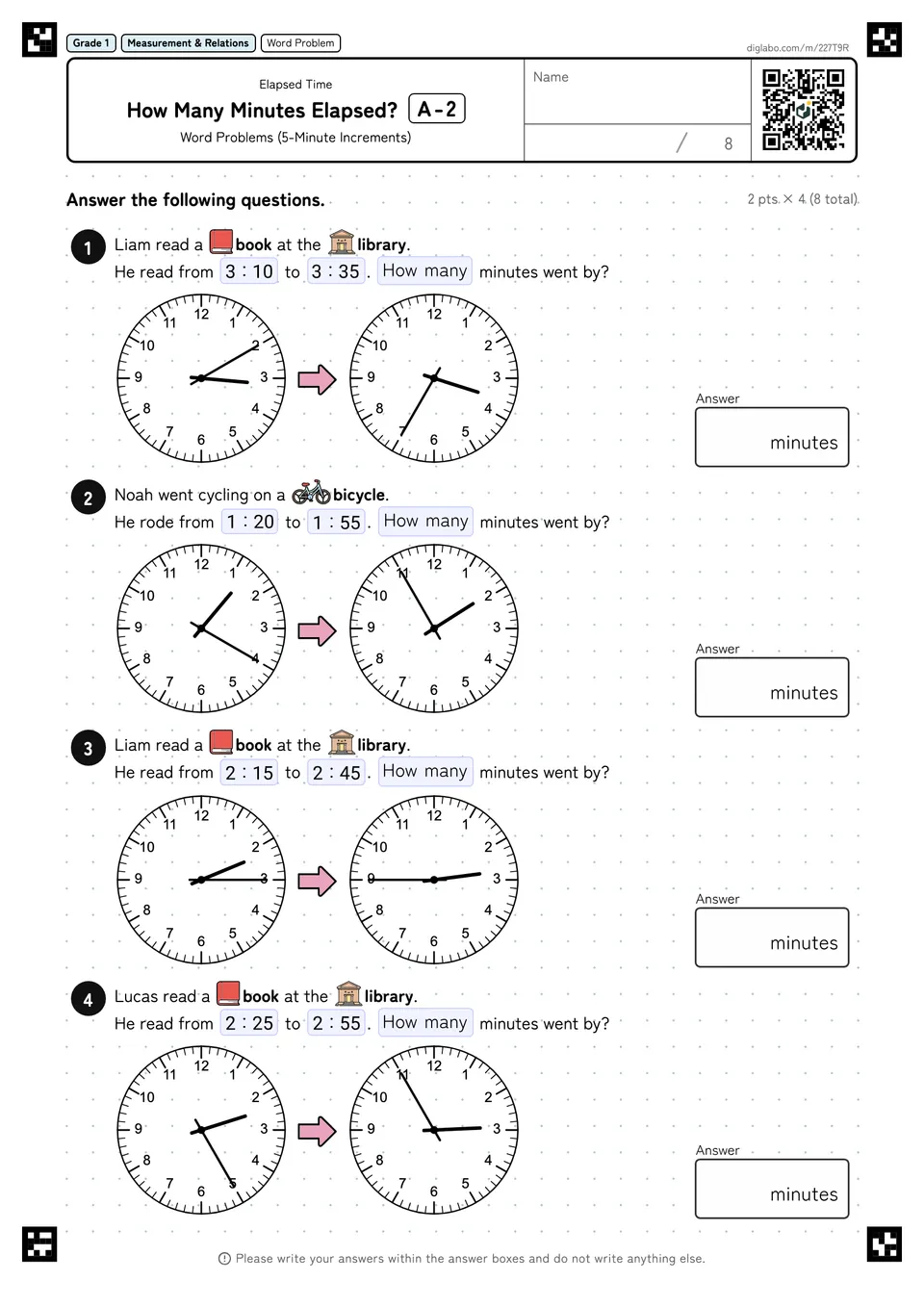 Grade 1 (Elementary School) Elapsed Time How Many Minutes Elapsed?
