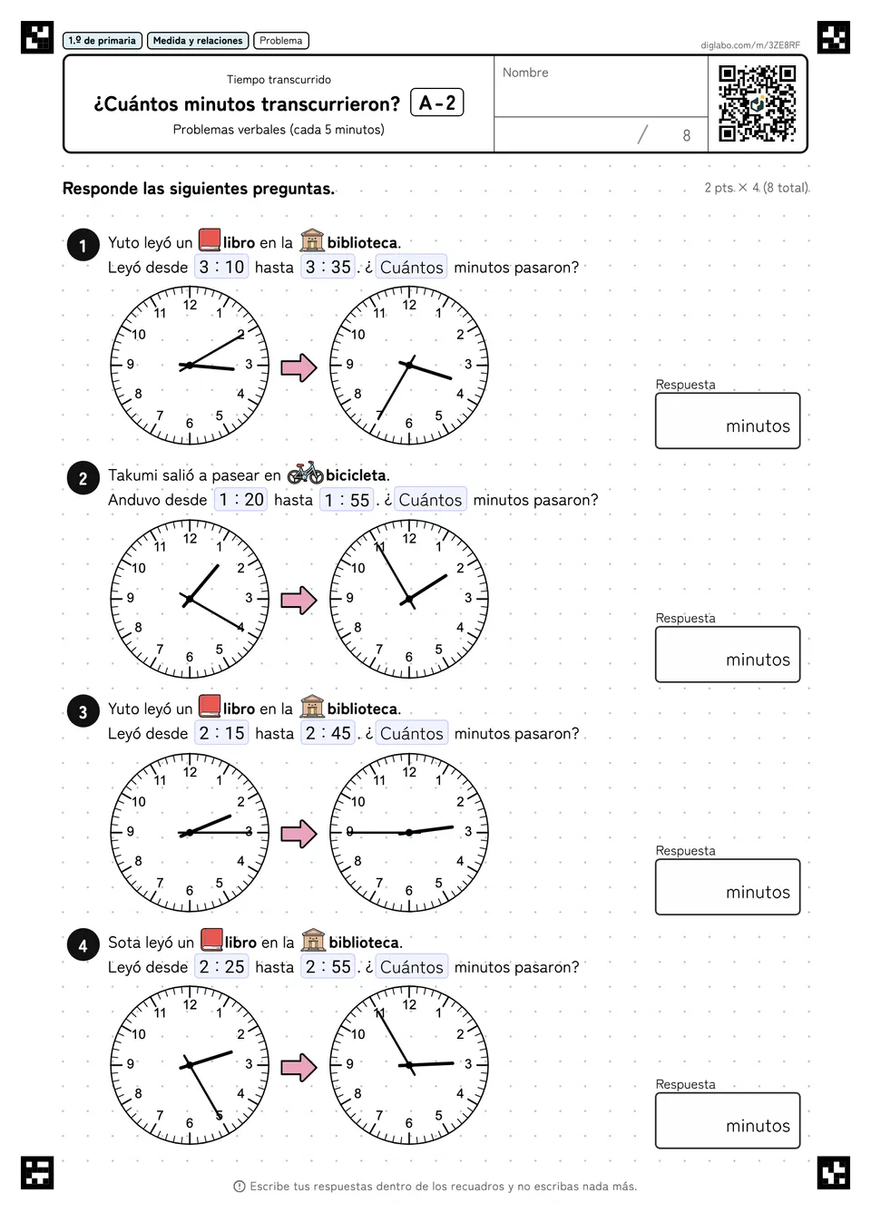 1.º de primaria Tiempo transcurrido ¿Cuántos minutos transcurrieron?